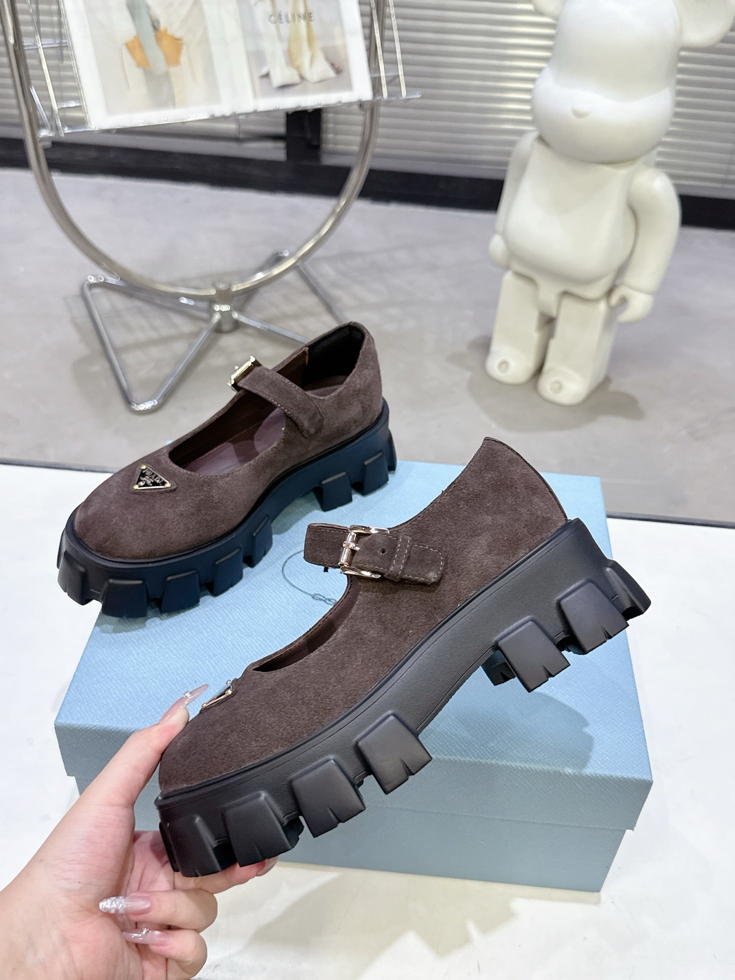 PRADA 25S PLATFORM MARY JANE SHOES IN DARK BROWN SUEDE - 35