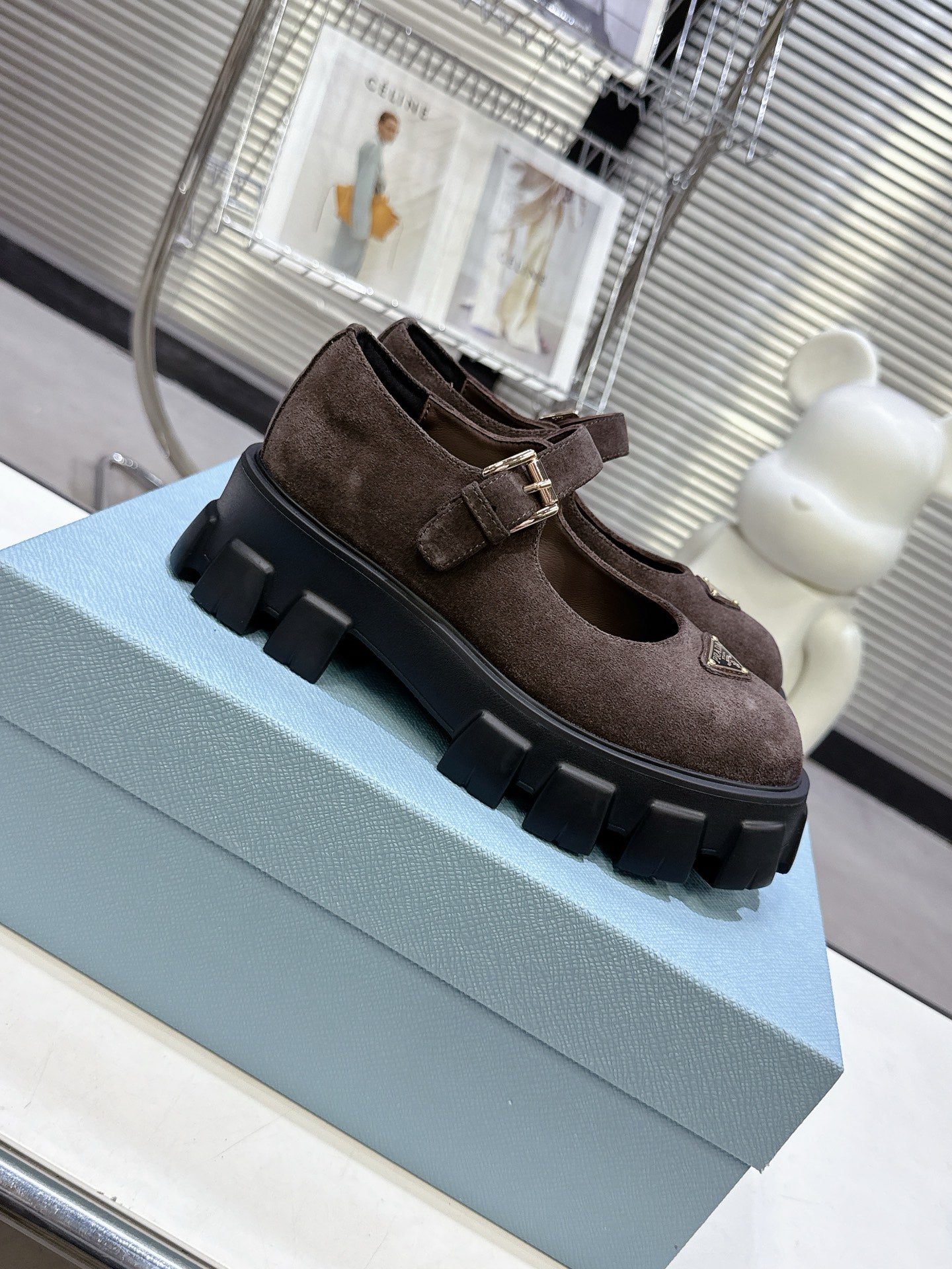 PRADA 25S PLATFORM MARY JANE SHOES IN DARK BROWN SUEDE - 35