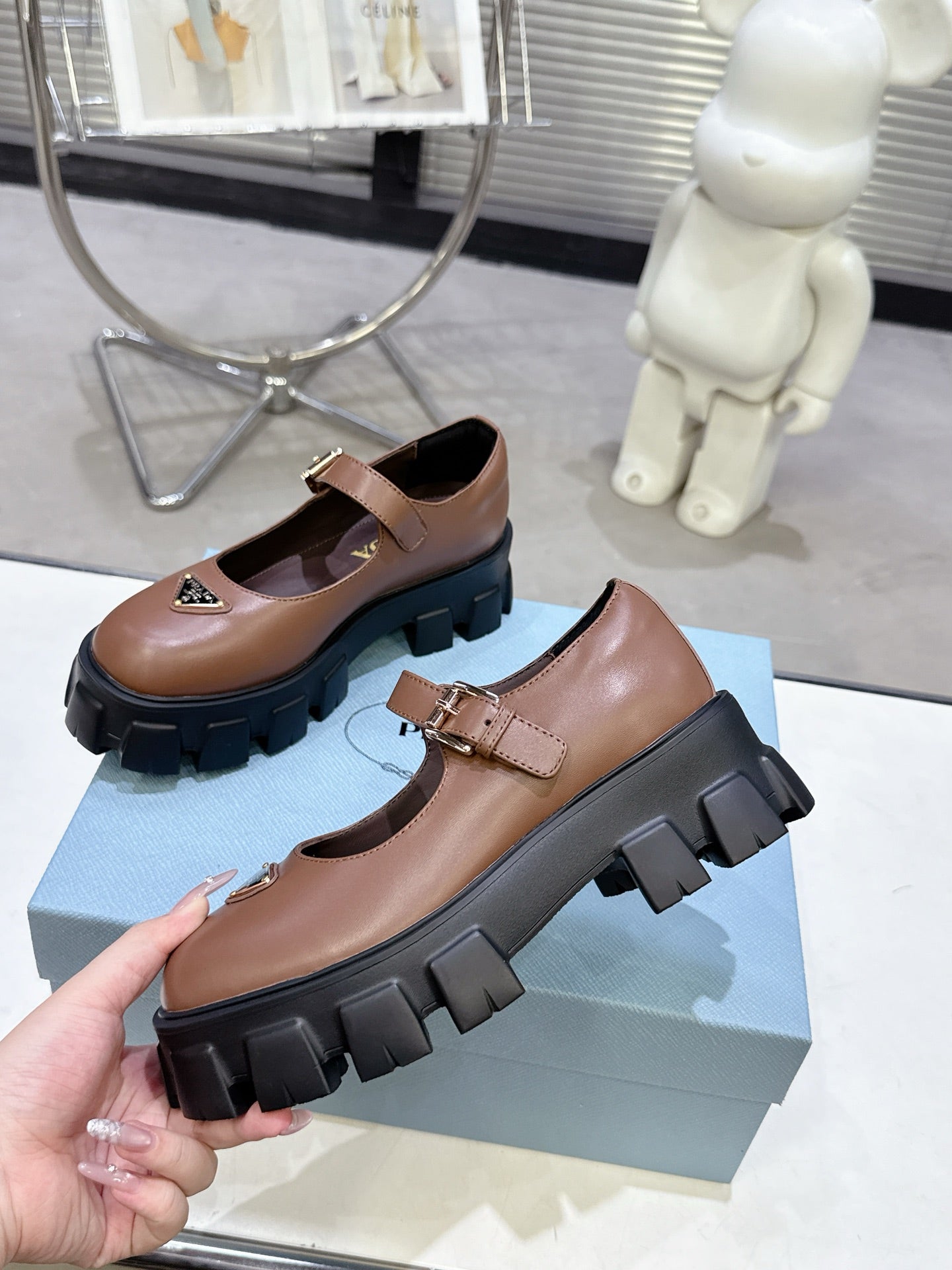 PRADA 25S PLATFORM MARY JANE SHOES IN BROWN CALFSKIN - 35