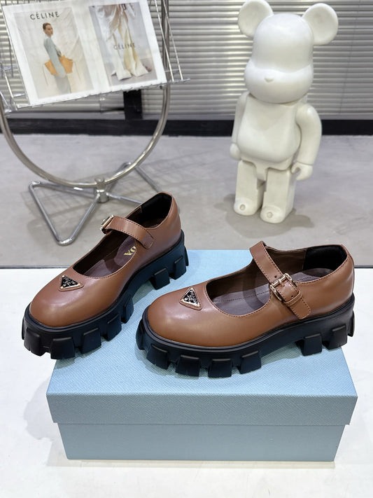ТУФЛІ PRADA 25S PLATFORM MARY JANE З КОРИЧНЕВОЇ ТЕЛЯЧОЇ ШКІРИ - 35