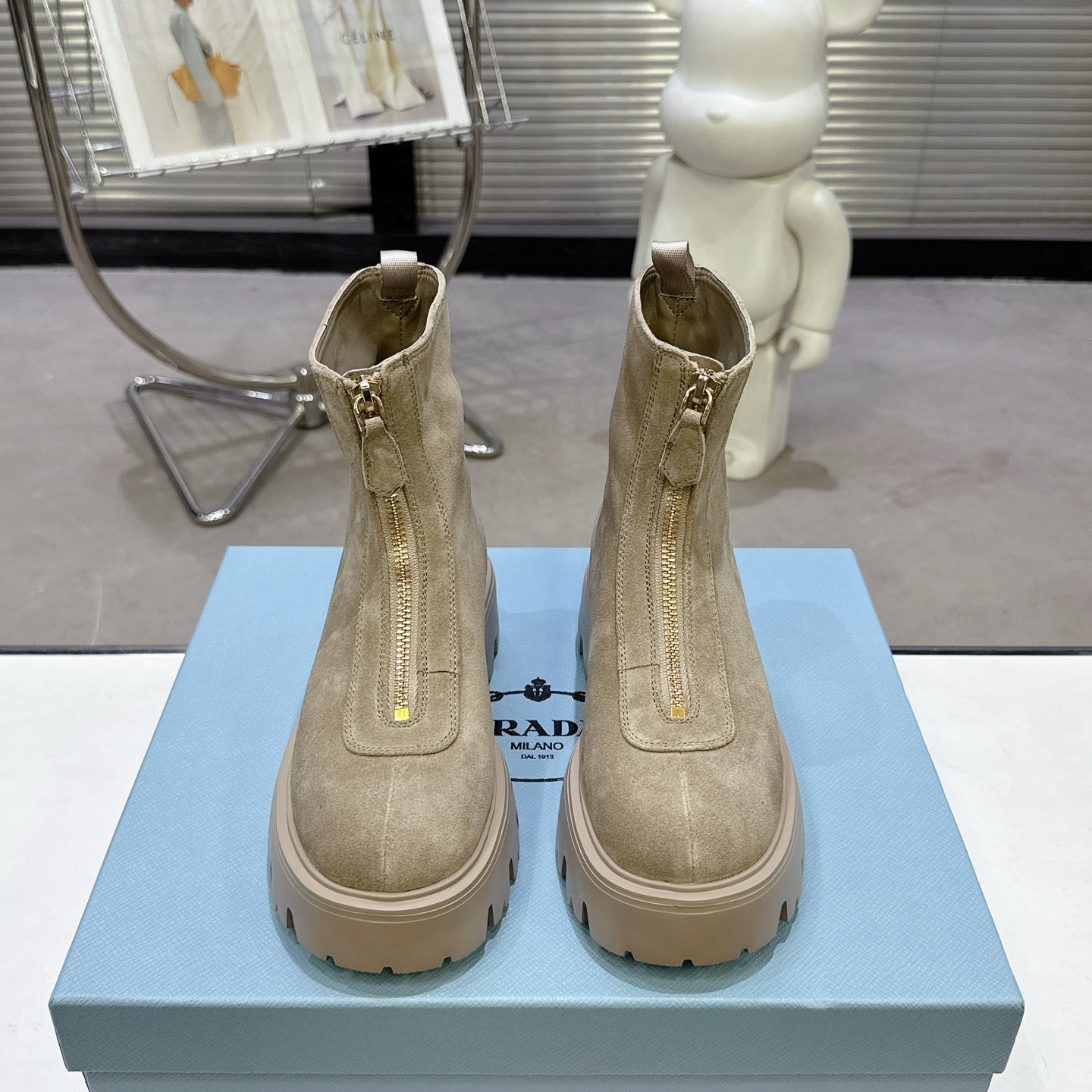 PRADA 25S ZIP-UP ANKLE BOOTS IN BEIGE SUEDE - 35