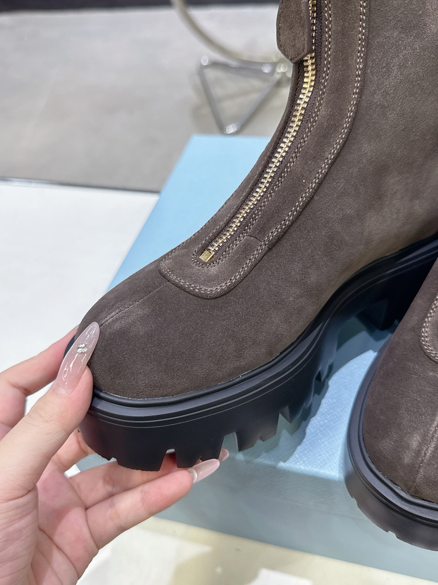 PRADA 25S ZIP-UP ANKLE BOOTS IN DARK BROWN SUEDE - 35