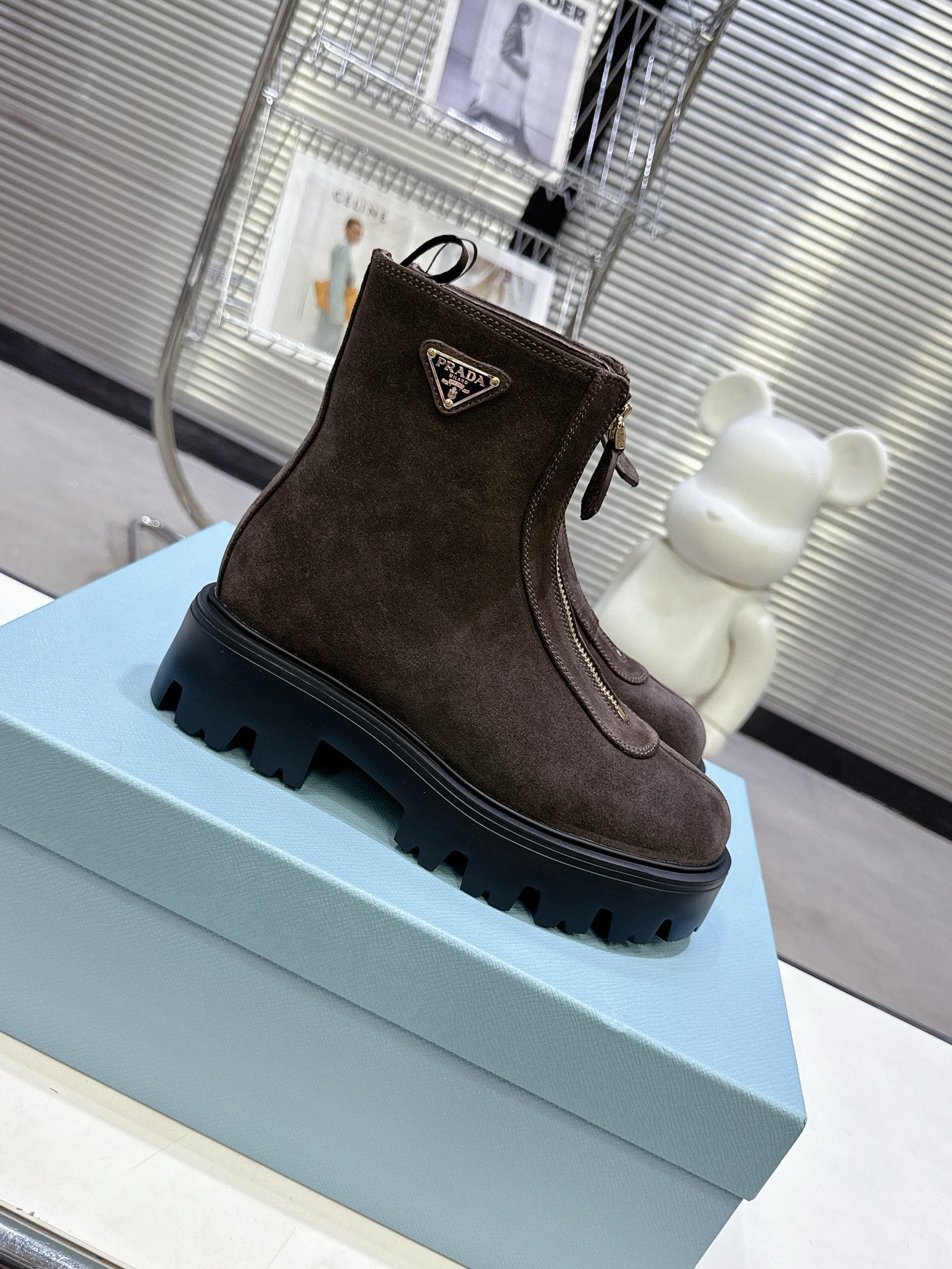 PRADA 25S ZIP-UP ANKLE BOOTS IN DARK BROWN SUEDE - 35
