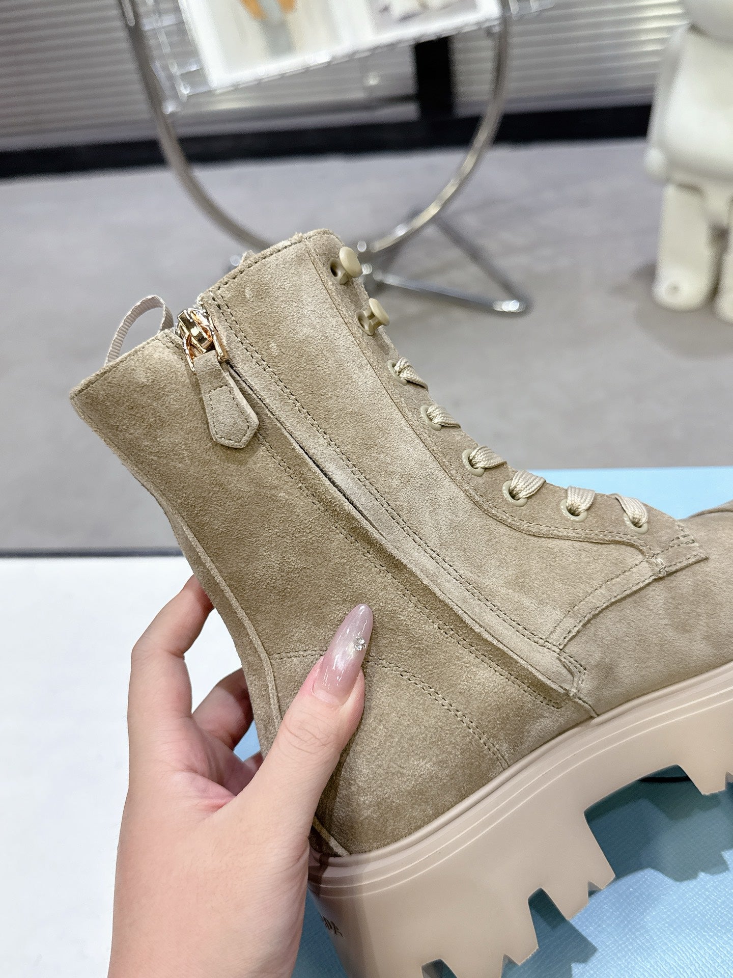 PRADA 25S WARRIOR BOOTS IN BEIGE SUEDE - 35
