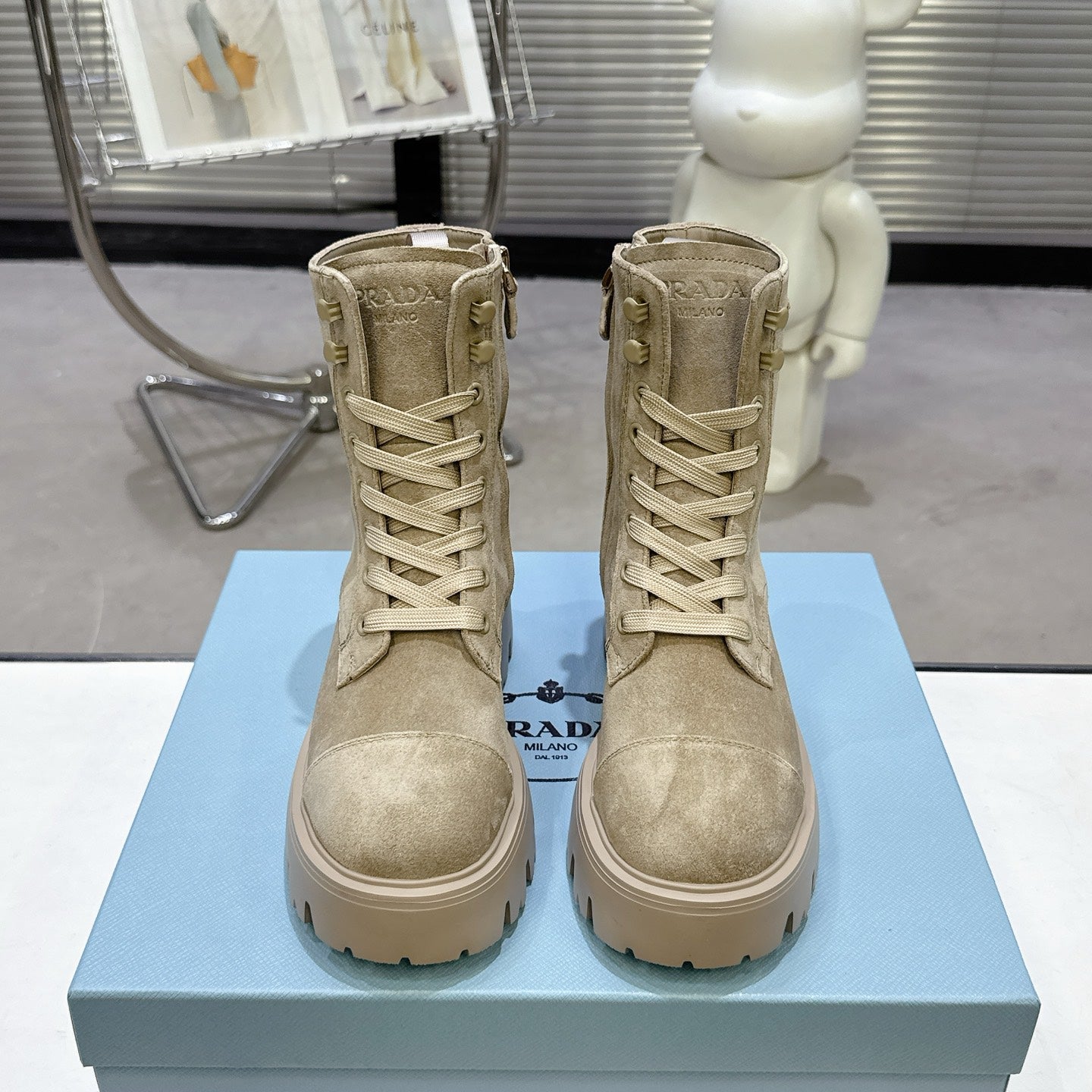 PRADA 25S WARRIOR BOOTS IN BEIGE SUEDE - 35