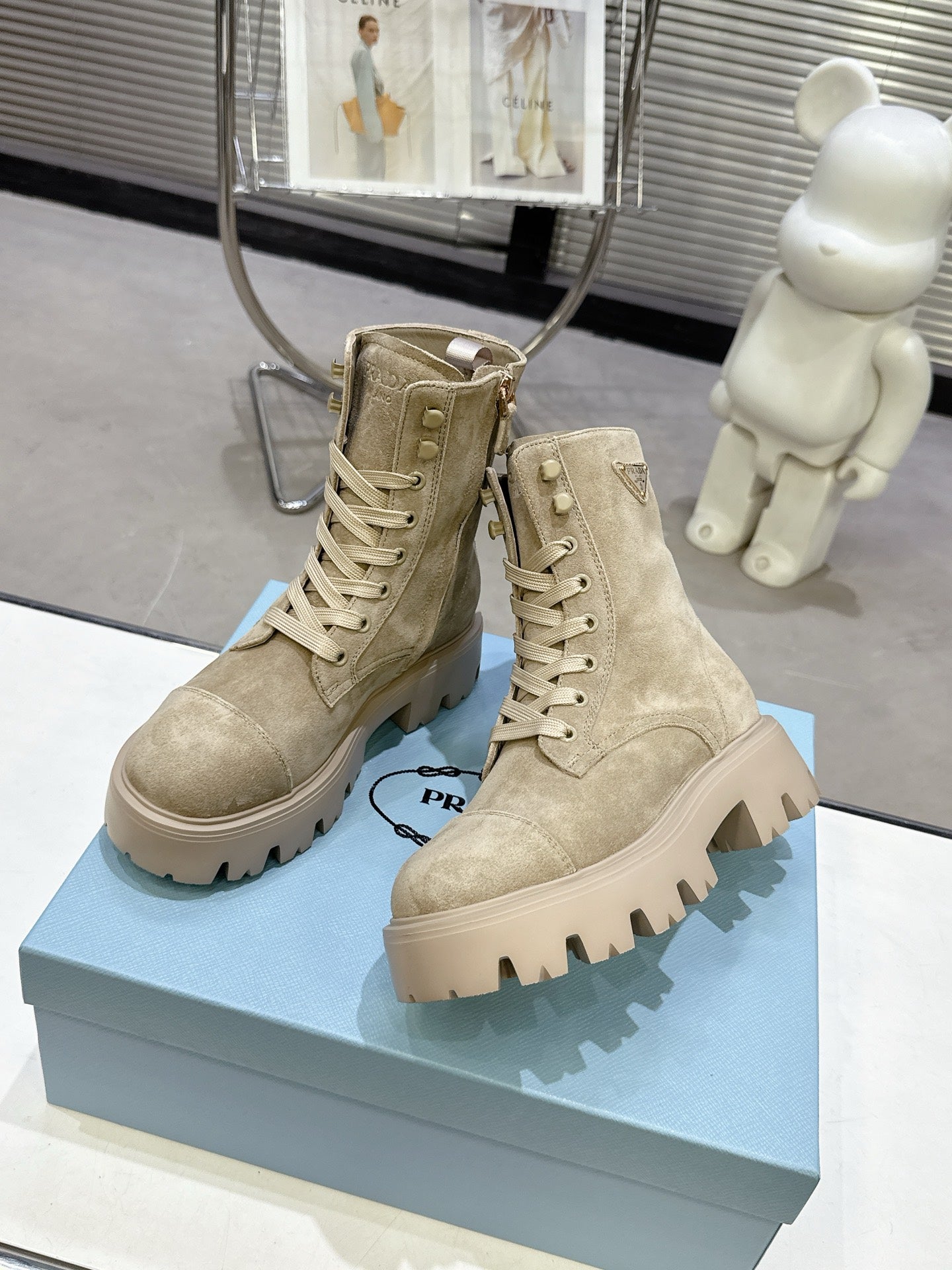 PRADA 25S WARRIOR BOOTS IN BEIGE SUEDE - 35