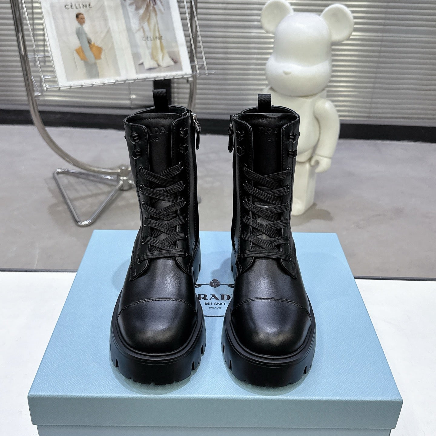 PRADA 25S WARRIOR BOOTS IN BLACK CALFSKIN - 35