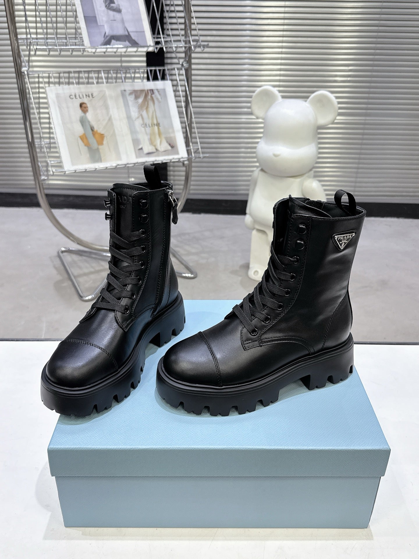 PRADA 25S WARRIOR BOOTS IN BLACK CALFSKIN - 35