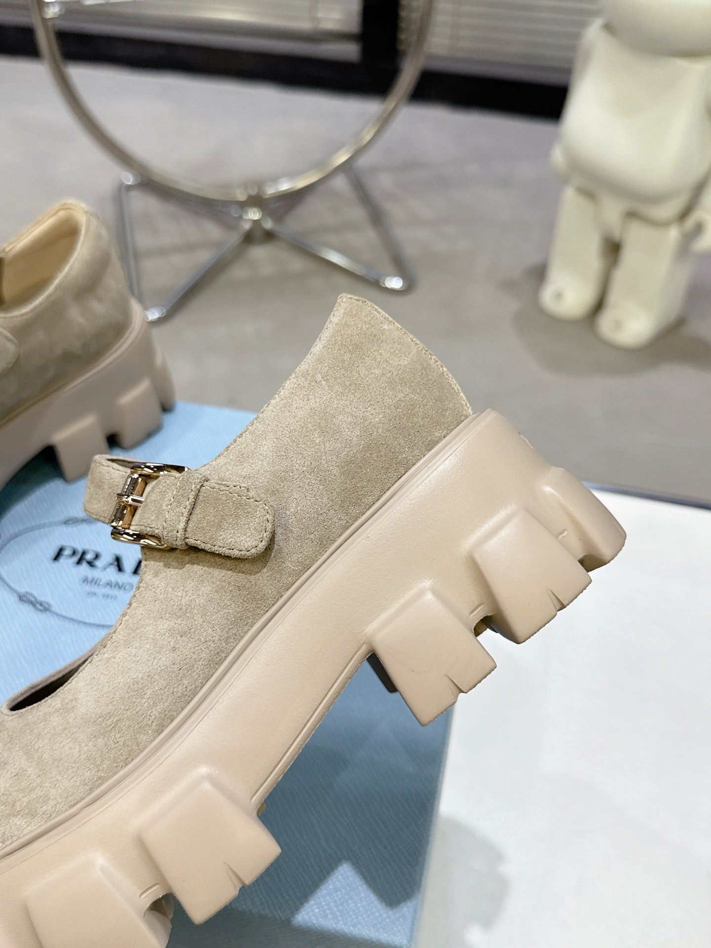 PRADA 25S PLATFORM MARY JANE SHOES IN BEIGE SUEDE - 35