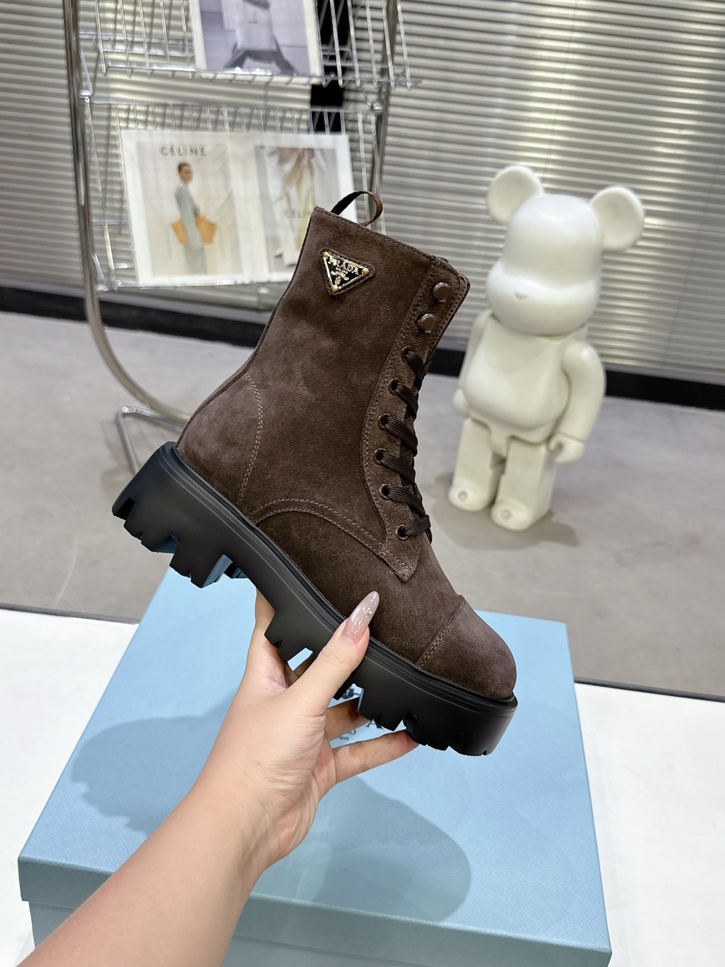PRADA 25S WARRIOR BOOTS IN DARK BROWN SUEDE - 35