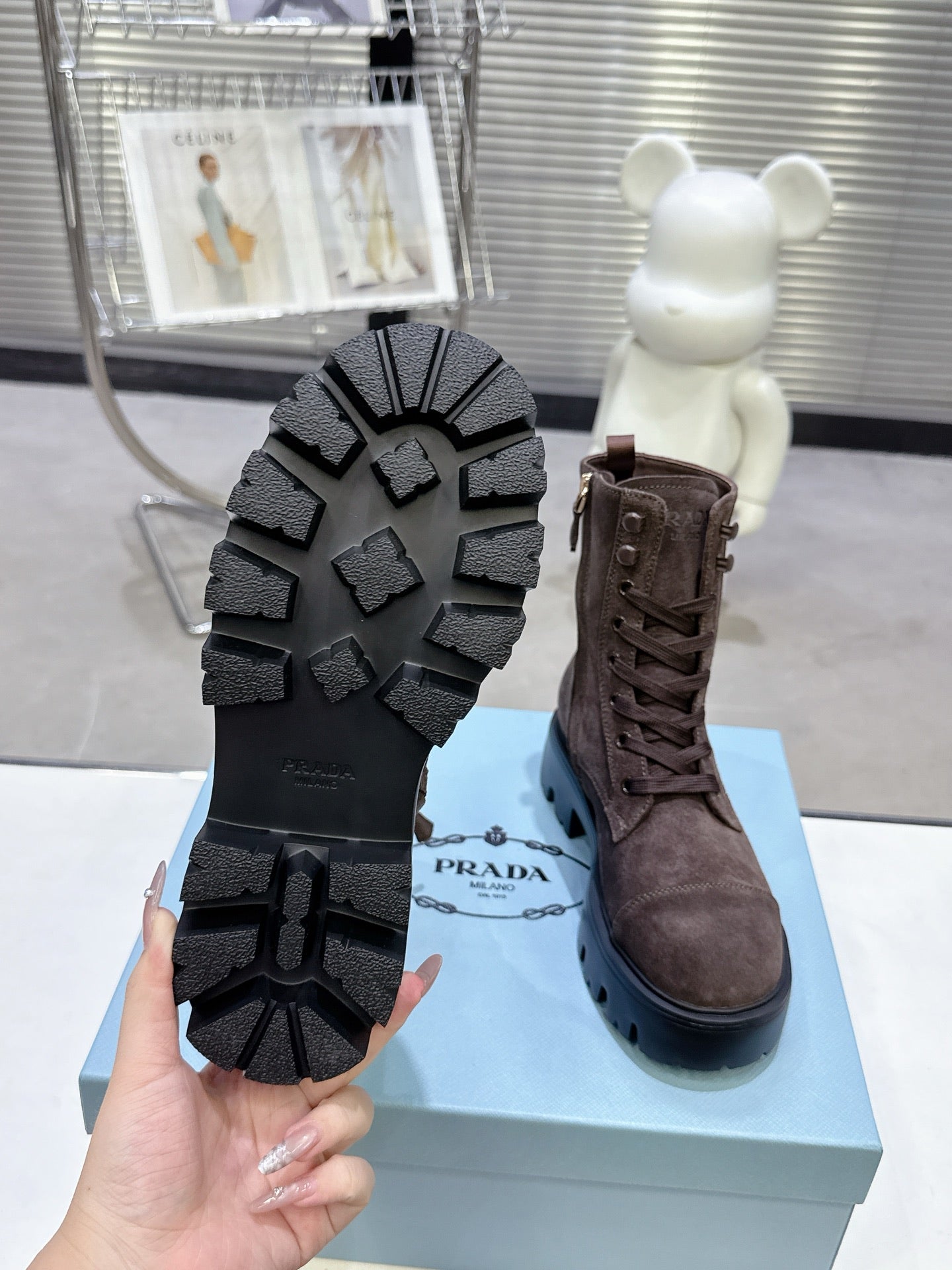 PRADA 25S WARRIOR BOOTS IN DARK BROWN SUEDE - 35