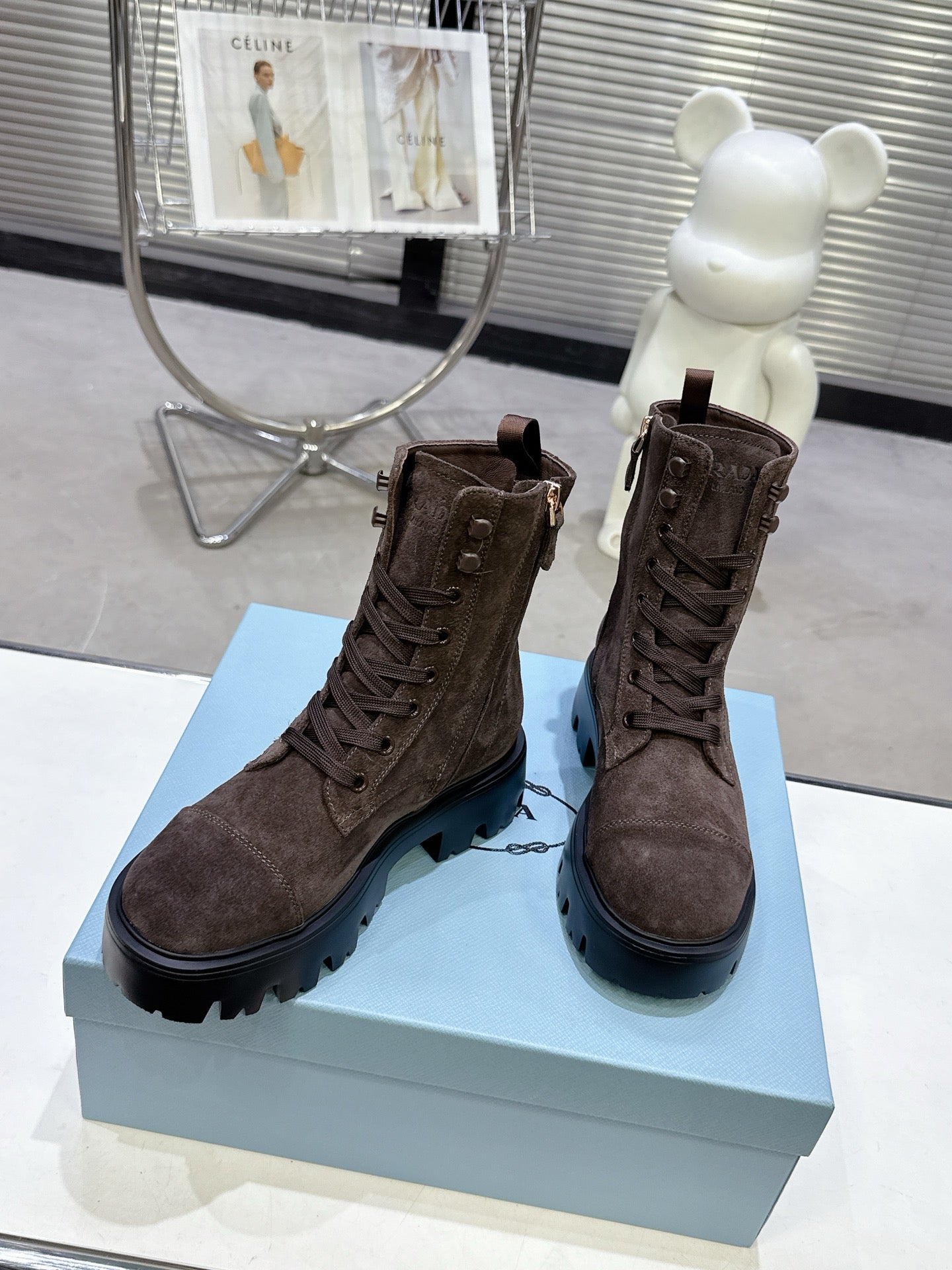 PRADA 25S WARRIOR BOOTS IN DARK BROWN SUEDE - 35