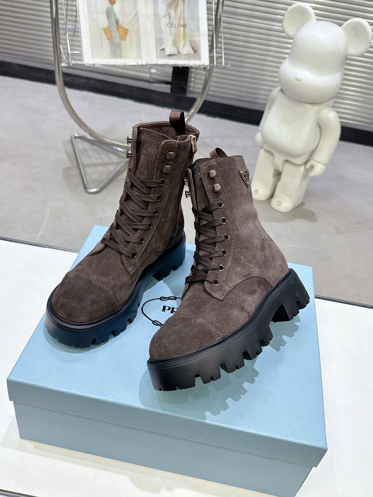 PRADA 25S WARRIOR BOOTS IN DARK BROWN SUEDE - 35