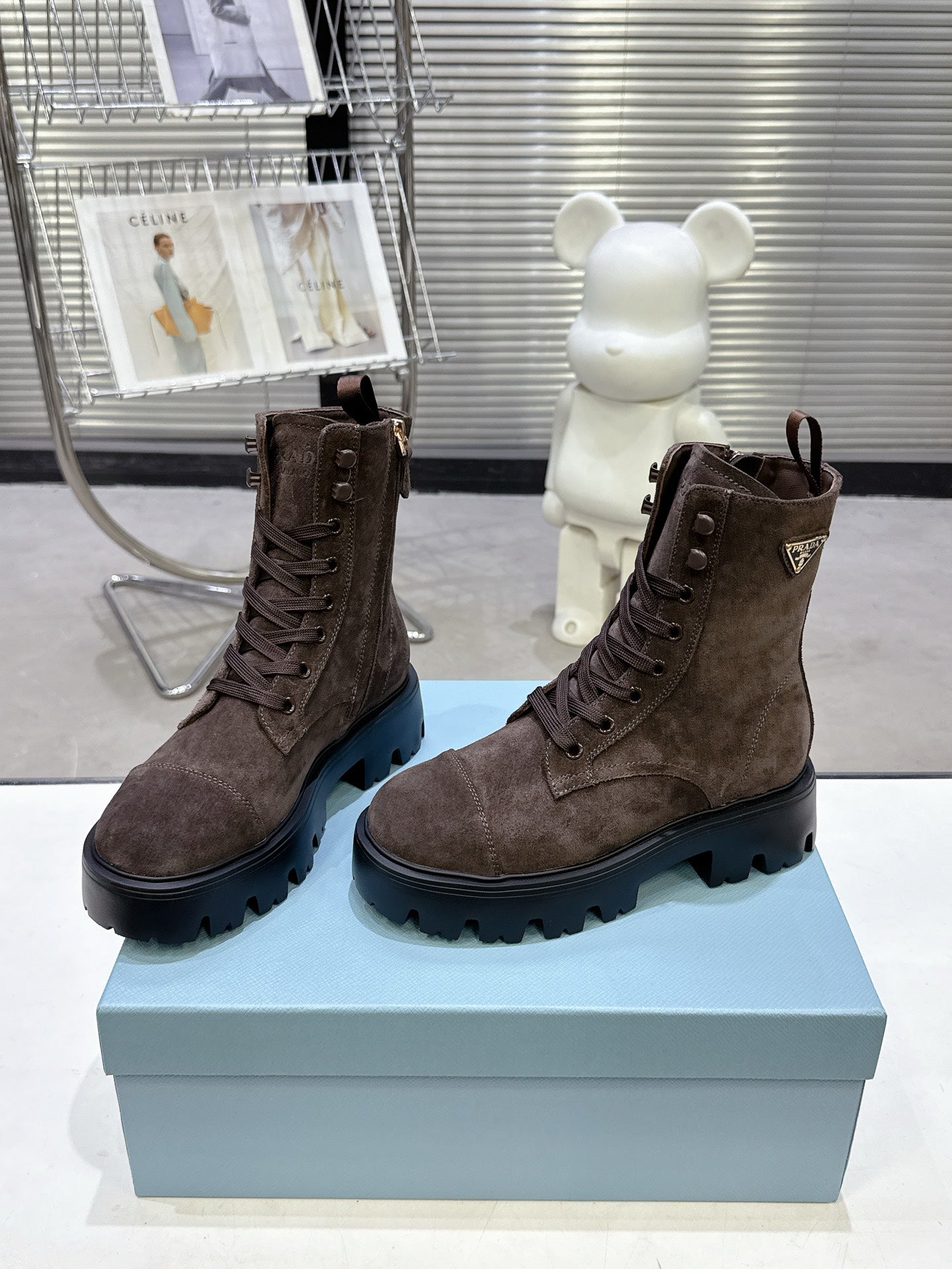 PRADA 25S WARRIOR BOOTS IN DARK BROWN SUEDE - 35