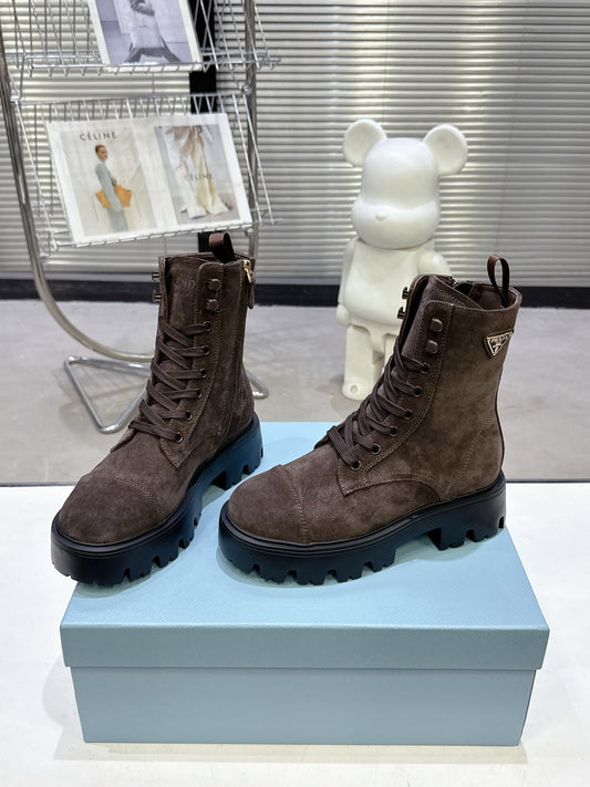 PRADA 25S WARRIOR BOOTS IN DARK BROWN SUEDE - 35