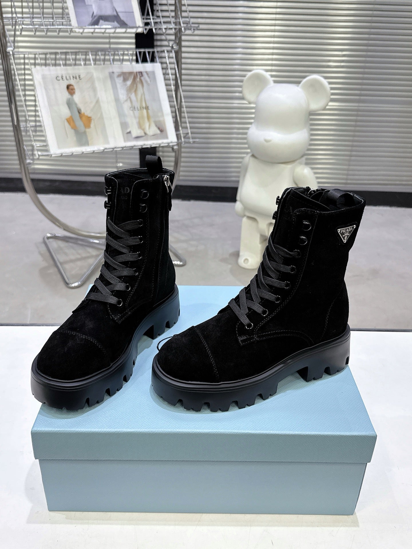 PRADA 25S WARRIOR BOOTS IN BLACK SUEDE - 35