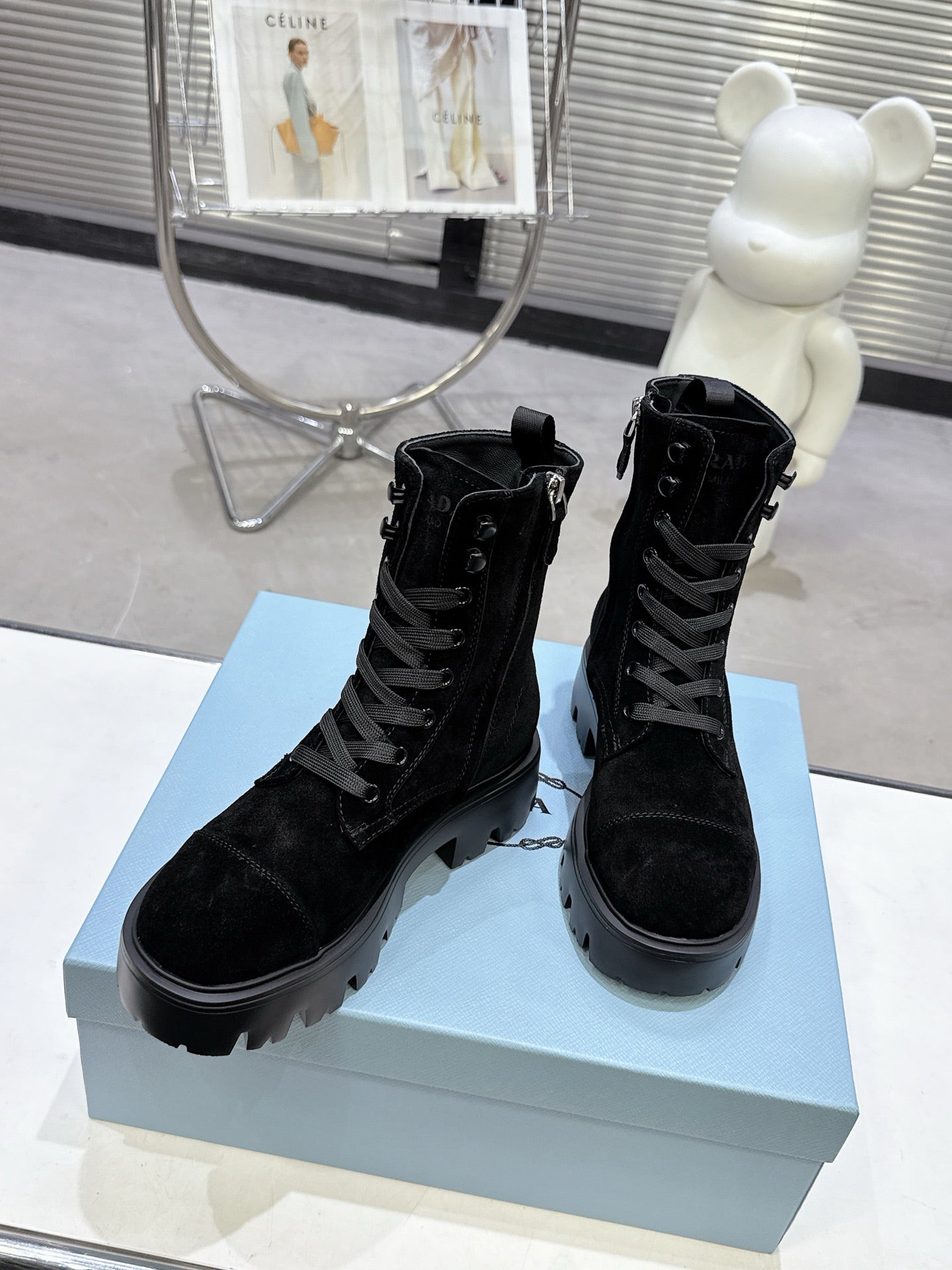 PRADA 25S WARRIOR BOOTS IN BLACK SUEDE - 35