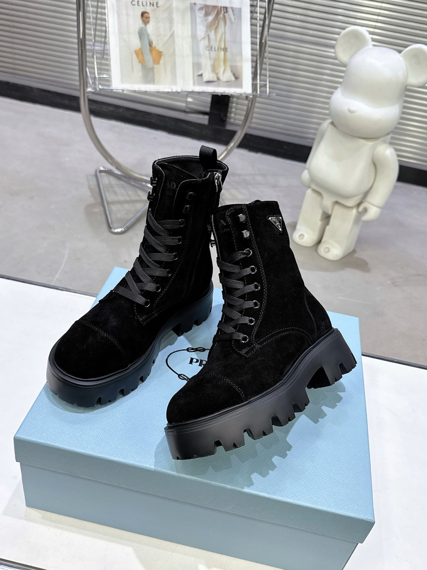 PRADA 25S WARRIOR BOOTS IN BLACK SUEDE - 35