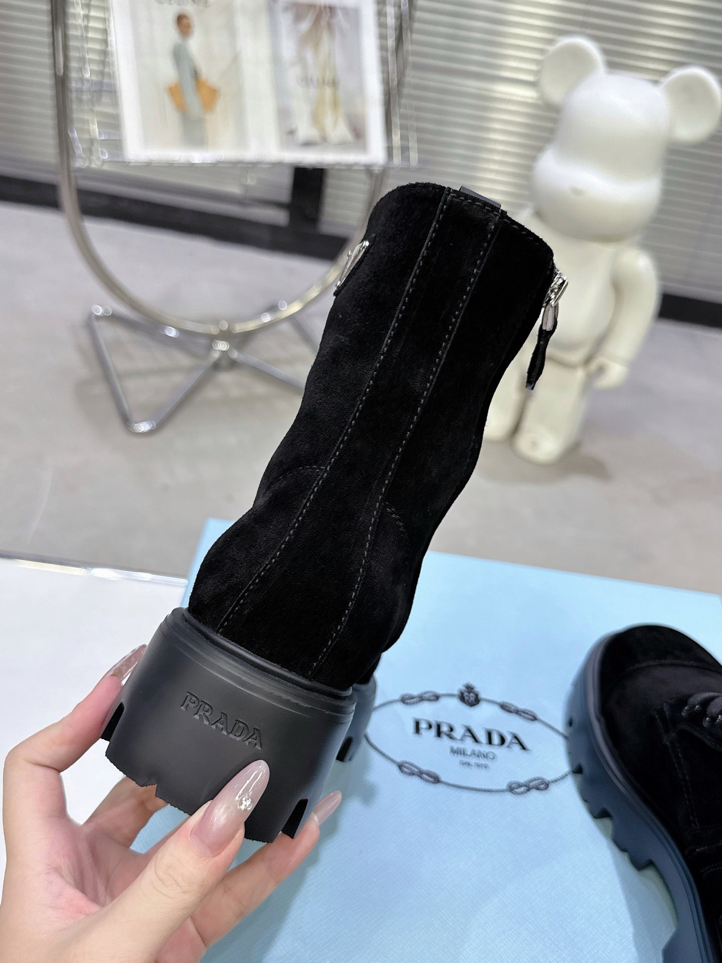 PRADA 25S WARRIOR BOOTS IN BLACK SUEDE - 35