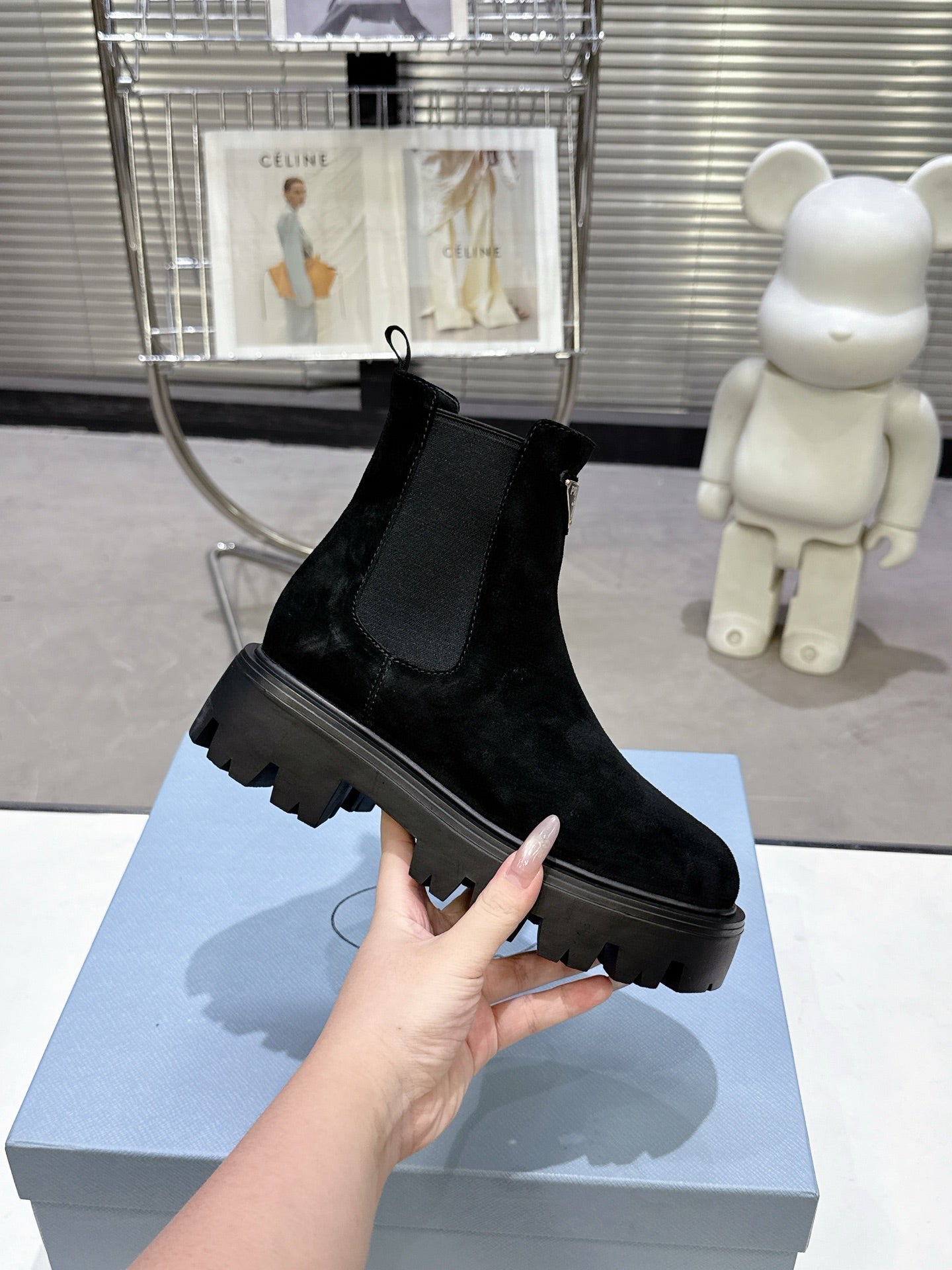 PRADA 25S RETRO PLATFORM MARTIN ANKLE BOOTS IN BLACK SUEDE - 35