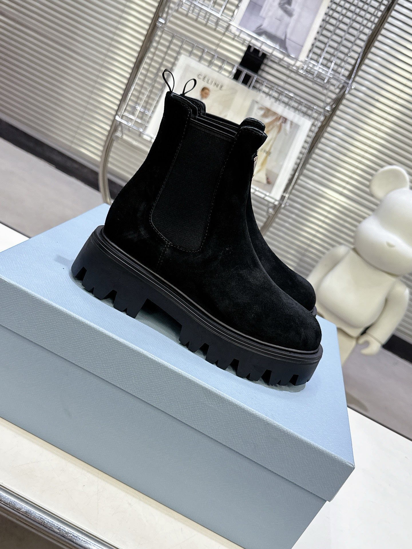 PRADA 25S RETRO PLATFORM MARTIN ANKLE BOOTS IN BLACK SUEDE - 35