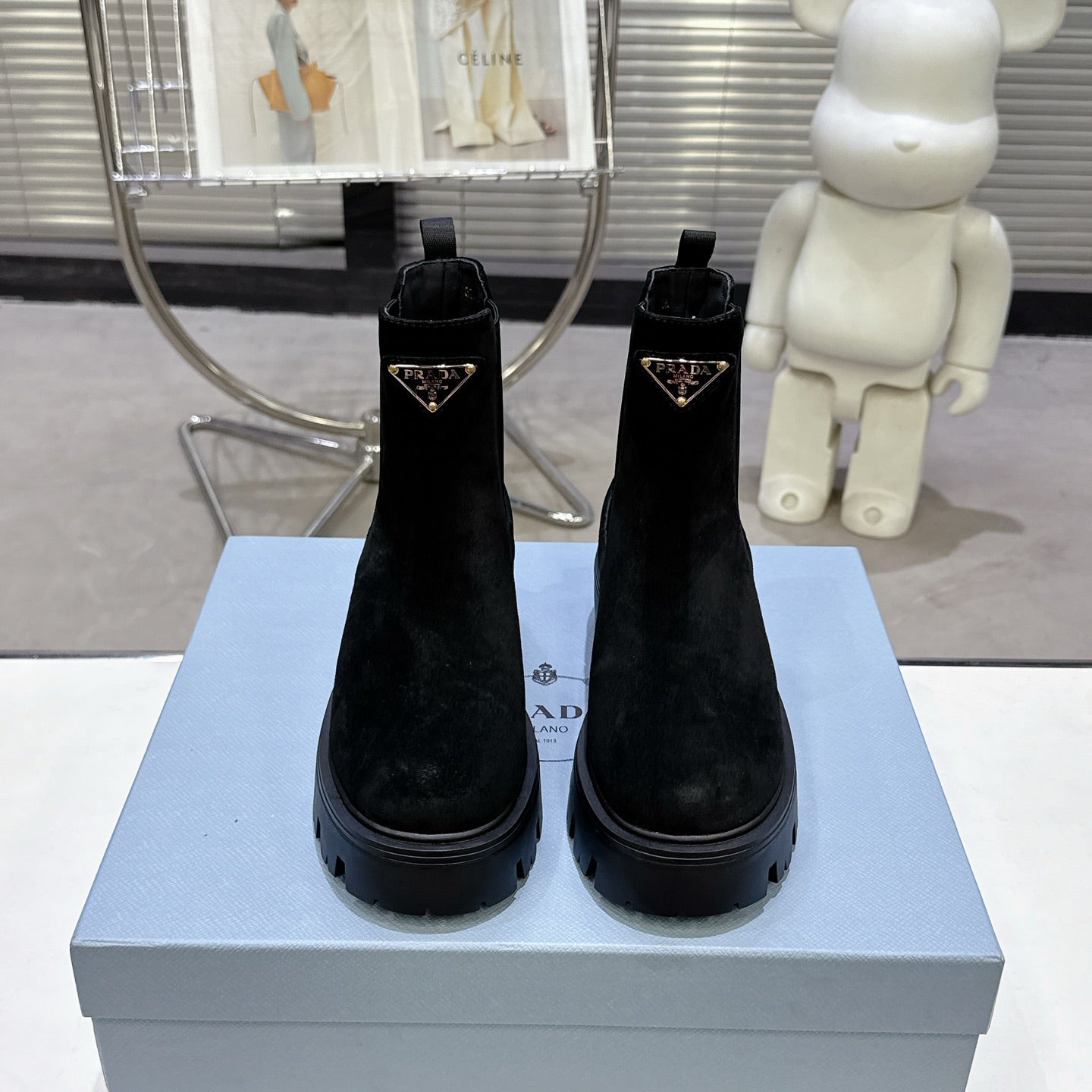 PRADA 25S RETRO PLATFORM MARTIN ANKLE BOOTS IN BLACK SUEDE - 35