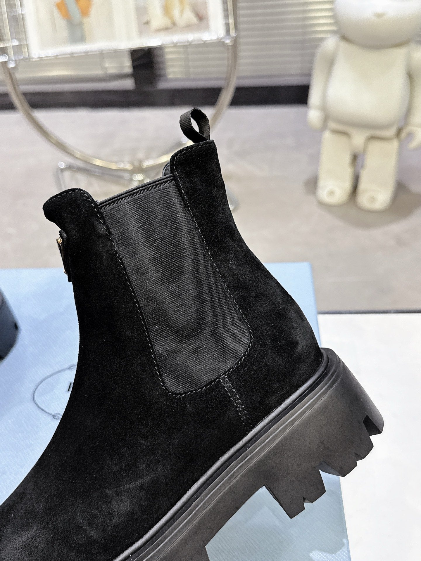 PRADA 25S RETRO PLATFORM MARTIN ANKLE BOOTS IN BLACK SUEDE - 35
