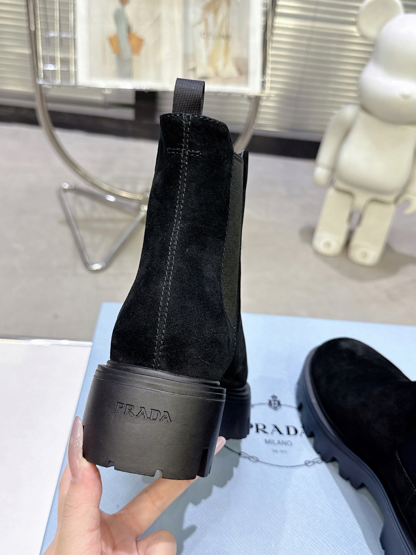 PRADA 25S RETRO PLATFORM MARTIN ANKLE BOOTS IN BLACK SUEDE - 35