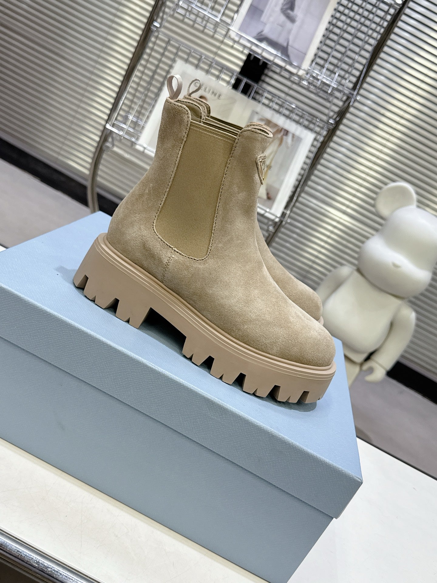 PRADA 25S RETRO PLATFORM MARTIN ANKLE BOOTS IN BEIGE SUEDE - 35