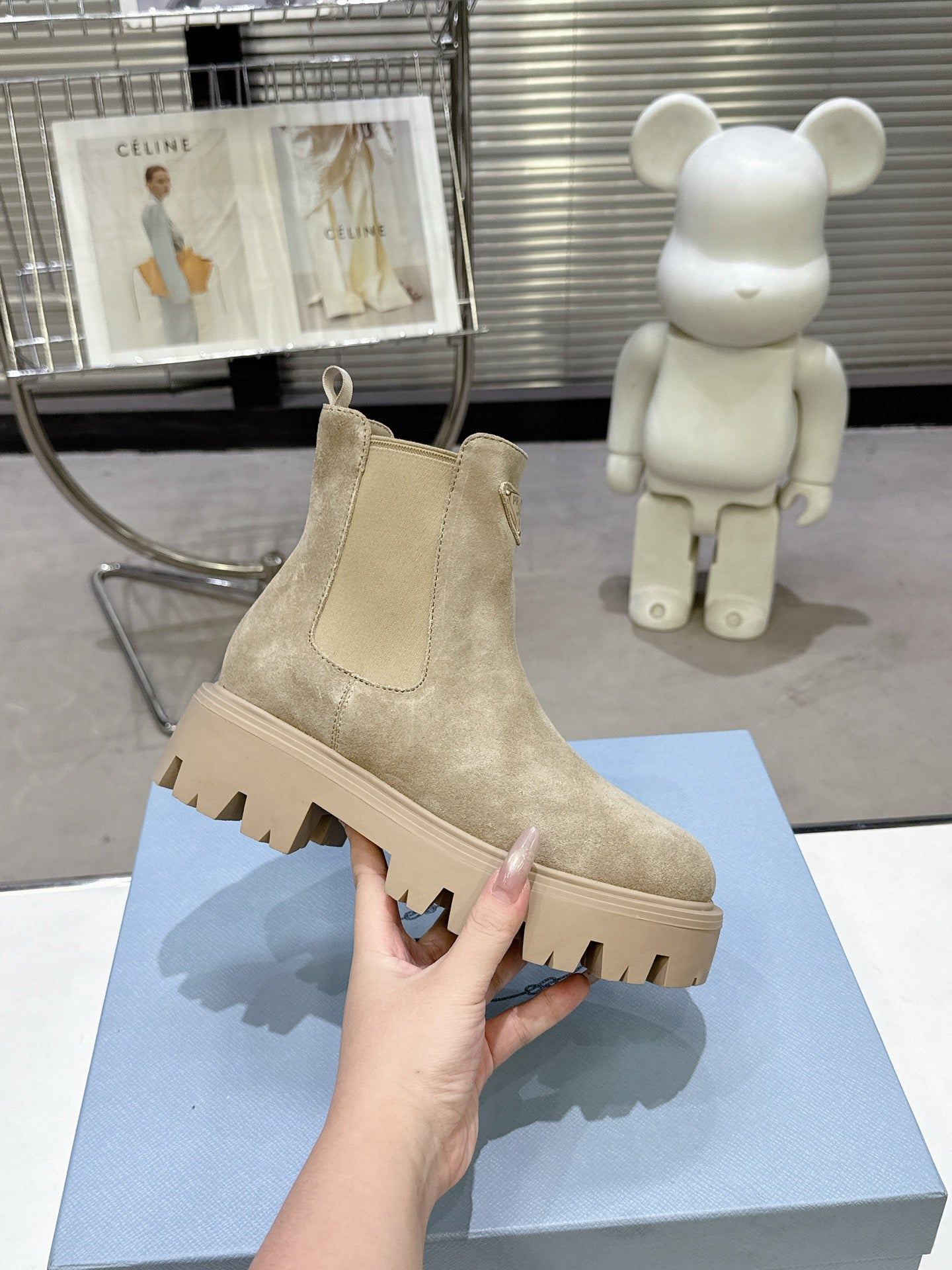PRADA 25S RETRO PLATFORM MARTIN ANKLE BOOTS IN BEIGE SUEDE - 35