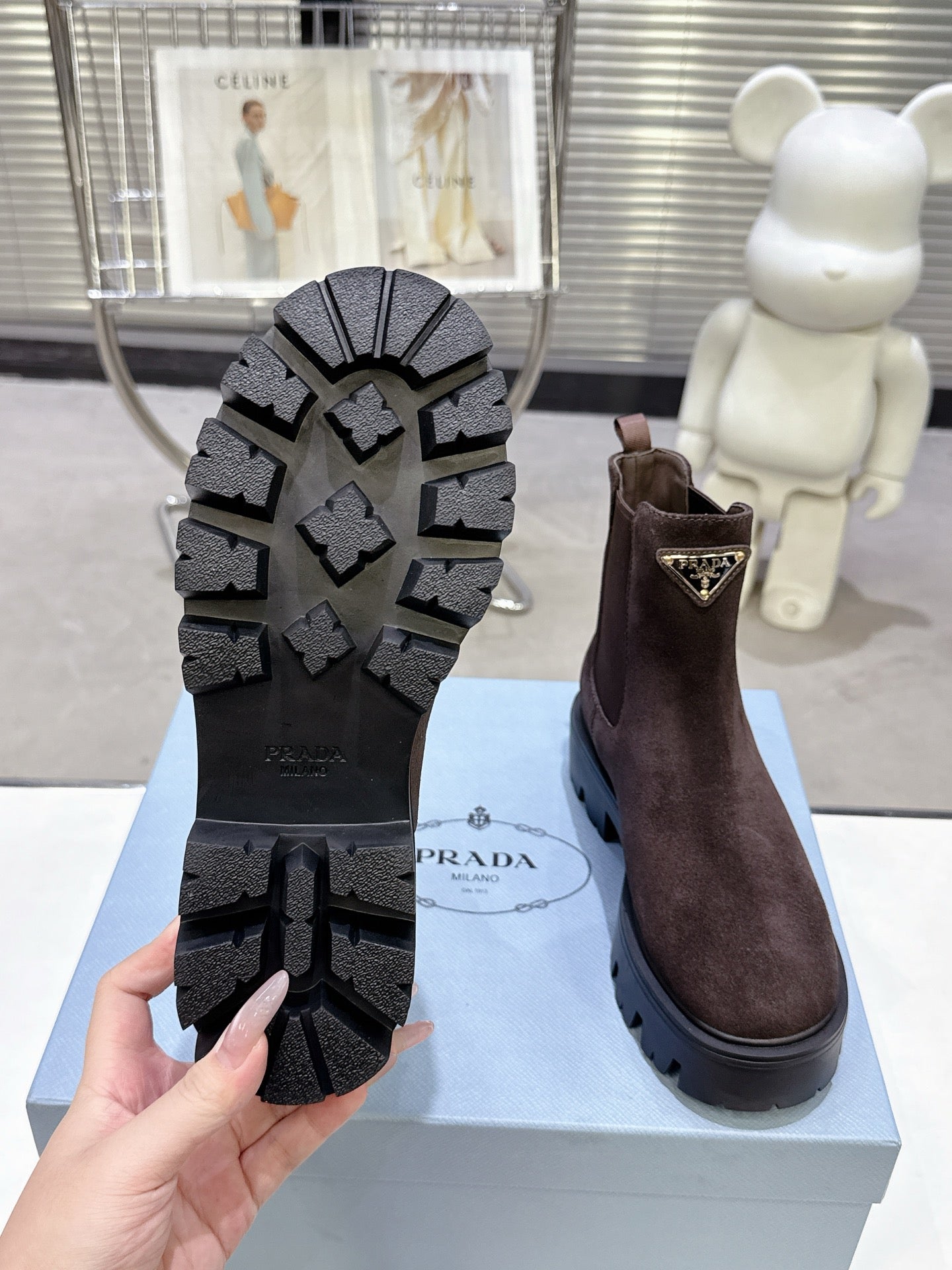 PRADA 25S RETRO PLATFORM MARTIN ANKLE BOOTS IN DARK BROWN SUEDE - 35