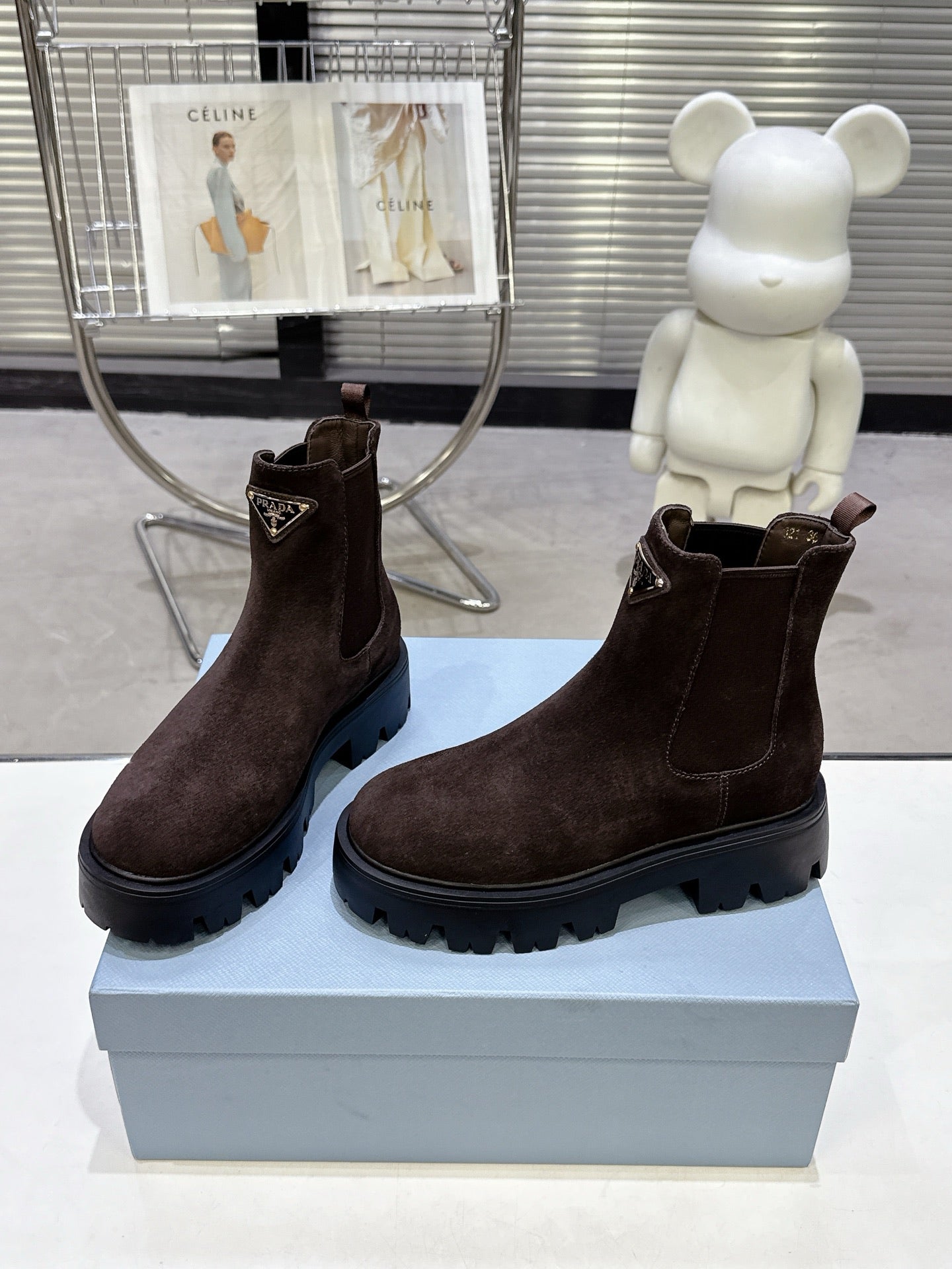 PRADA 25S RETRO PLATFORM MARTIN ANKLE BOOTS IN DARK BROWN SUEDE - 35