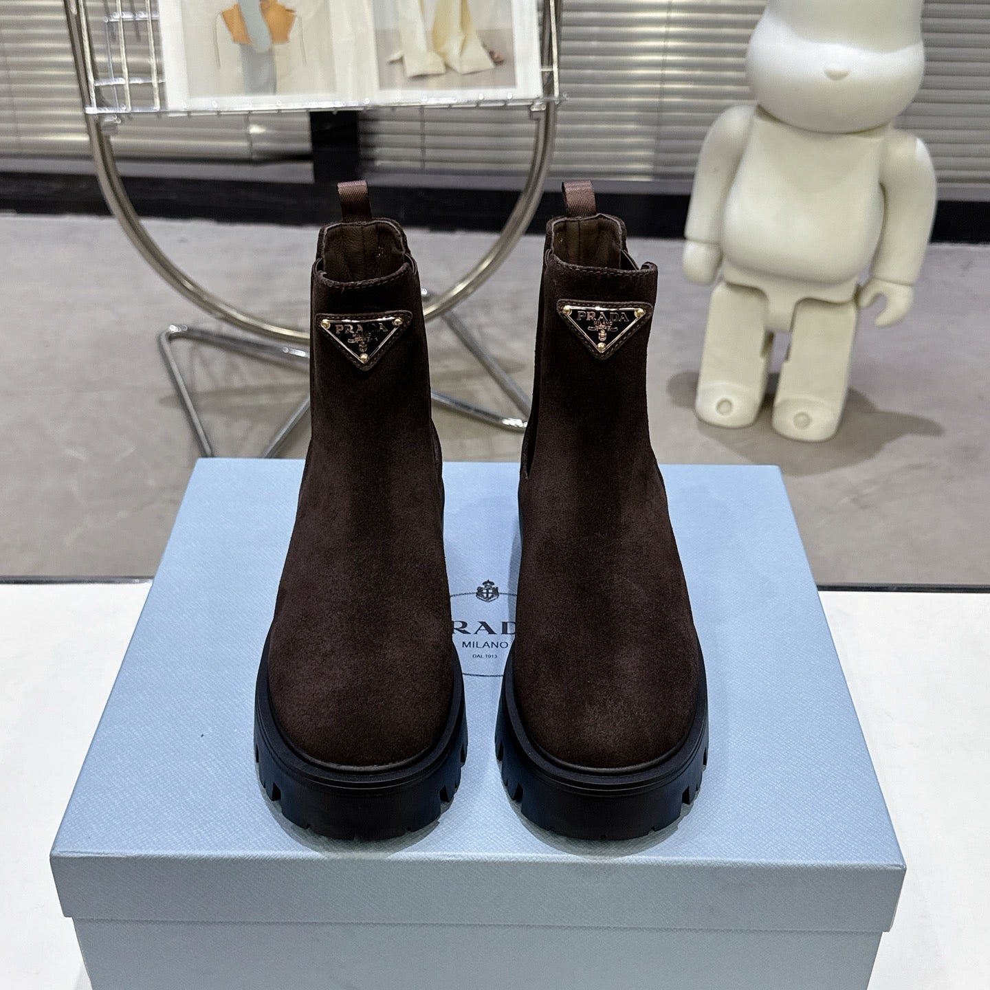 PRADA 25S RETRO PLATFORM MARTIN ANKLE BOOTS IN DARK BROWN SUEDE - 35