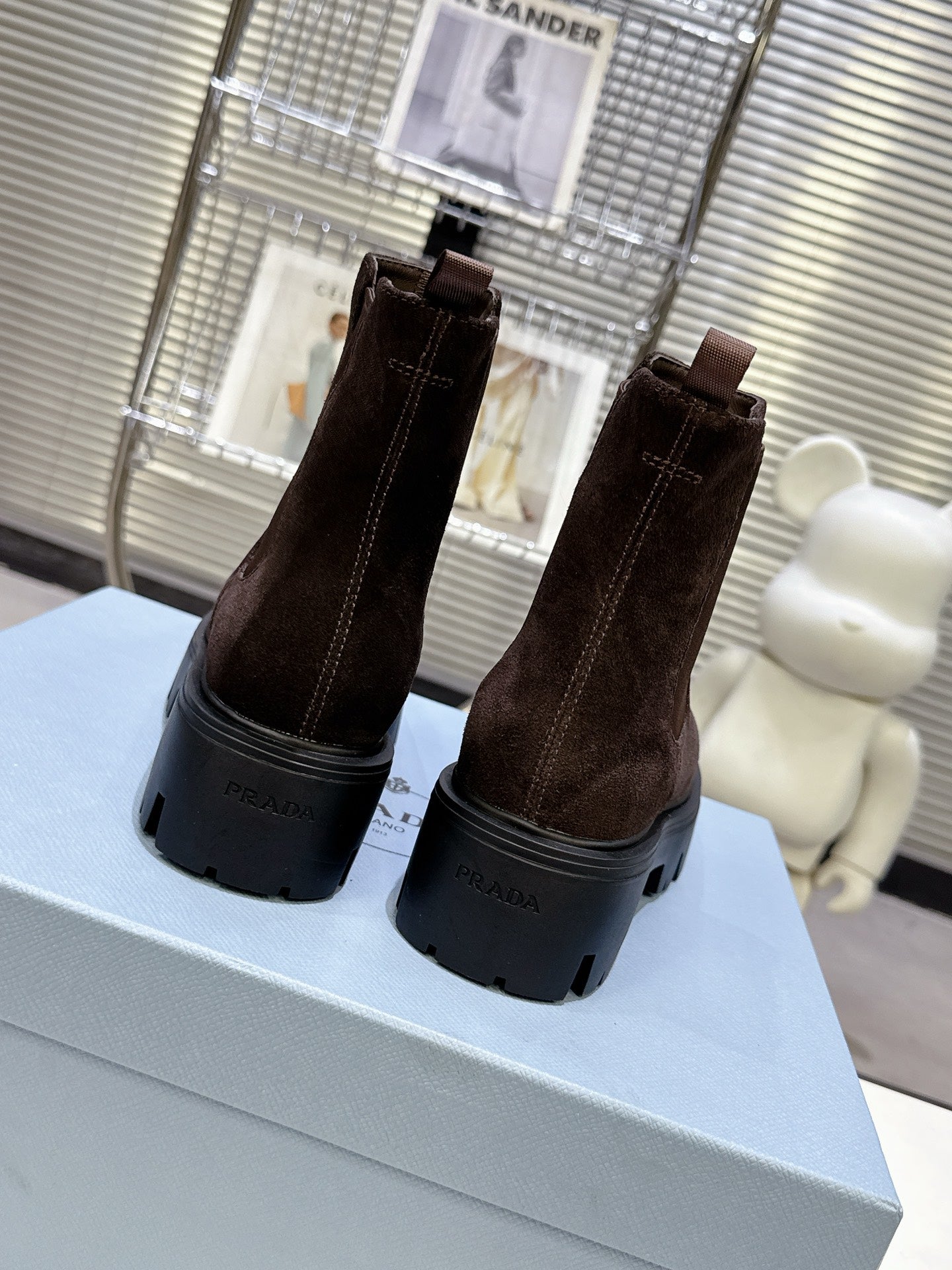 PRADA 25S RETRO PLATFORM MARTIN ANKLE BOOTS IN DARK BROWN SUEDE - 35