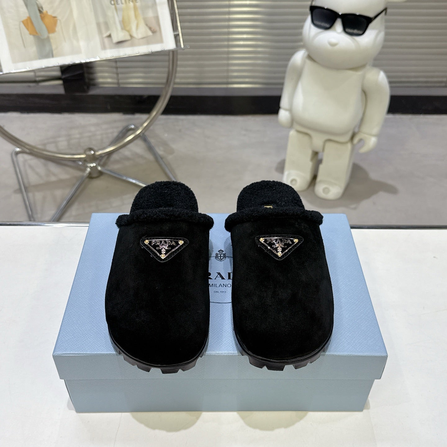PRADA 25S FUR-LINED SABOT MULES IN BLACK SUEDE - 35