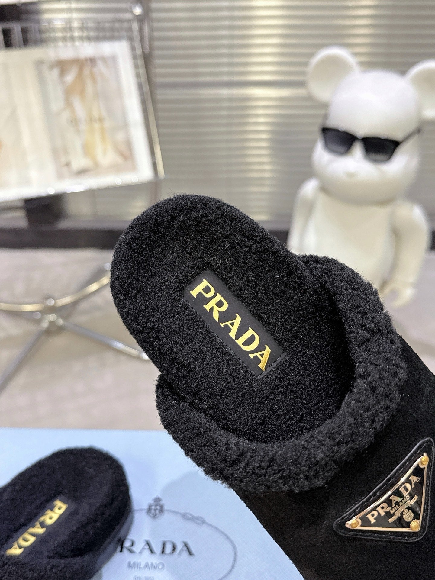 PRADA 25S FUR-LINED SABOT MULES IN BLACK SUEDE - 35