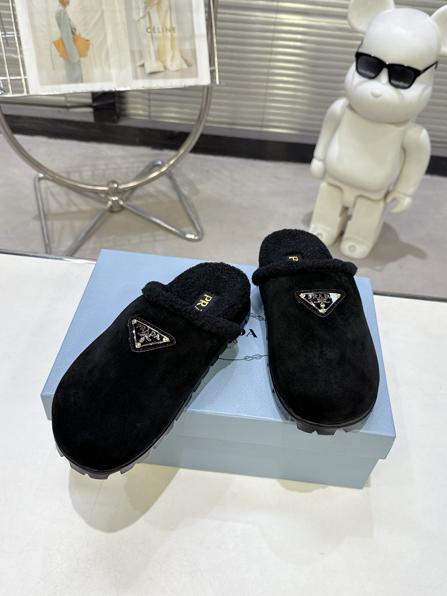 PRADA 25S FUR-LINED SABOT MULES IN BLACK SUEDE - 35