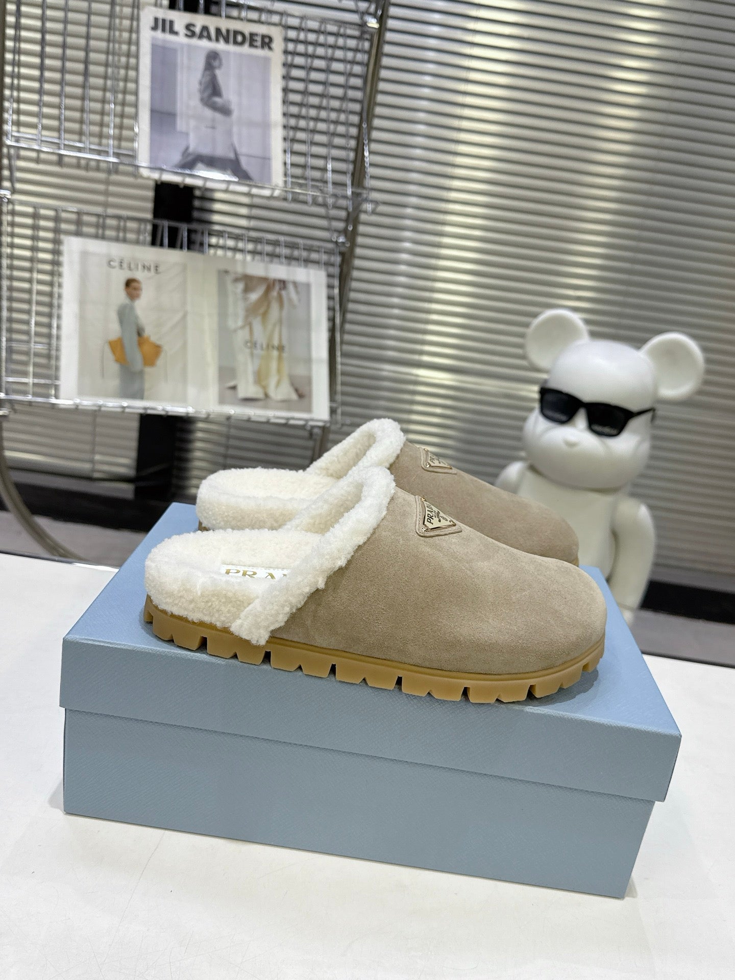 PRADA 25S FUR-LINED SABOT MULES IN BEIGE SUEDE - 35