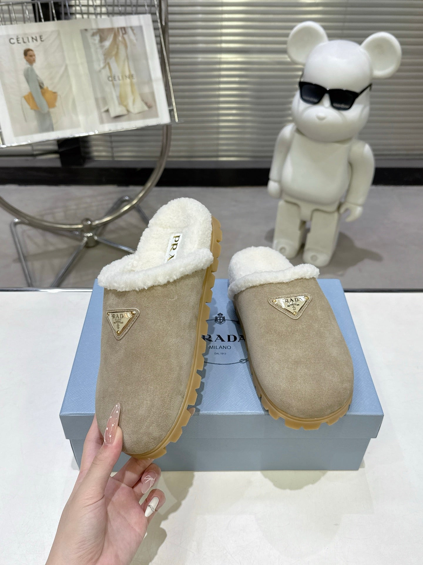 PRADA 25S FUR-LINED SABOT MULES IN BEIGE SUEDE - 35