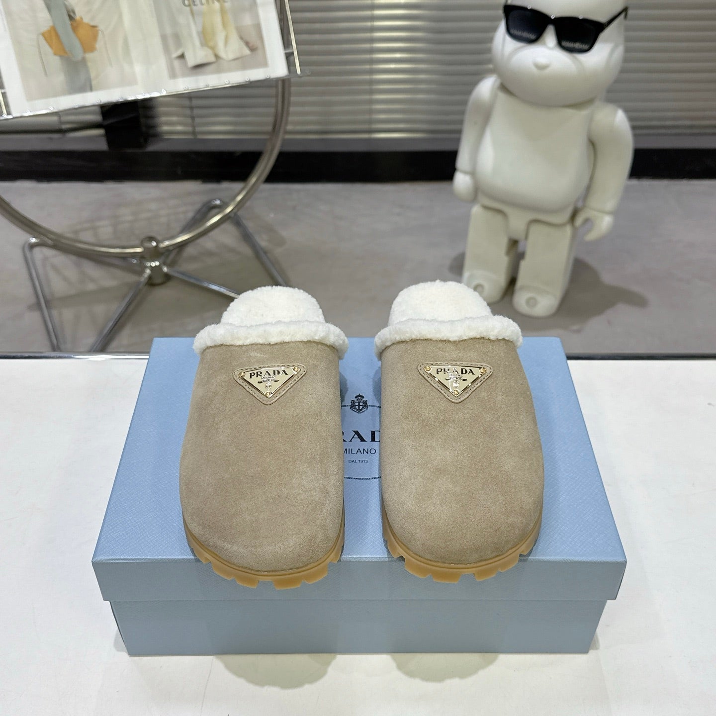 PRADA 25S FUR-LINED SABOT MULES IN BEIGE SUEDE - 35