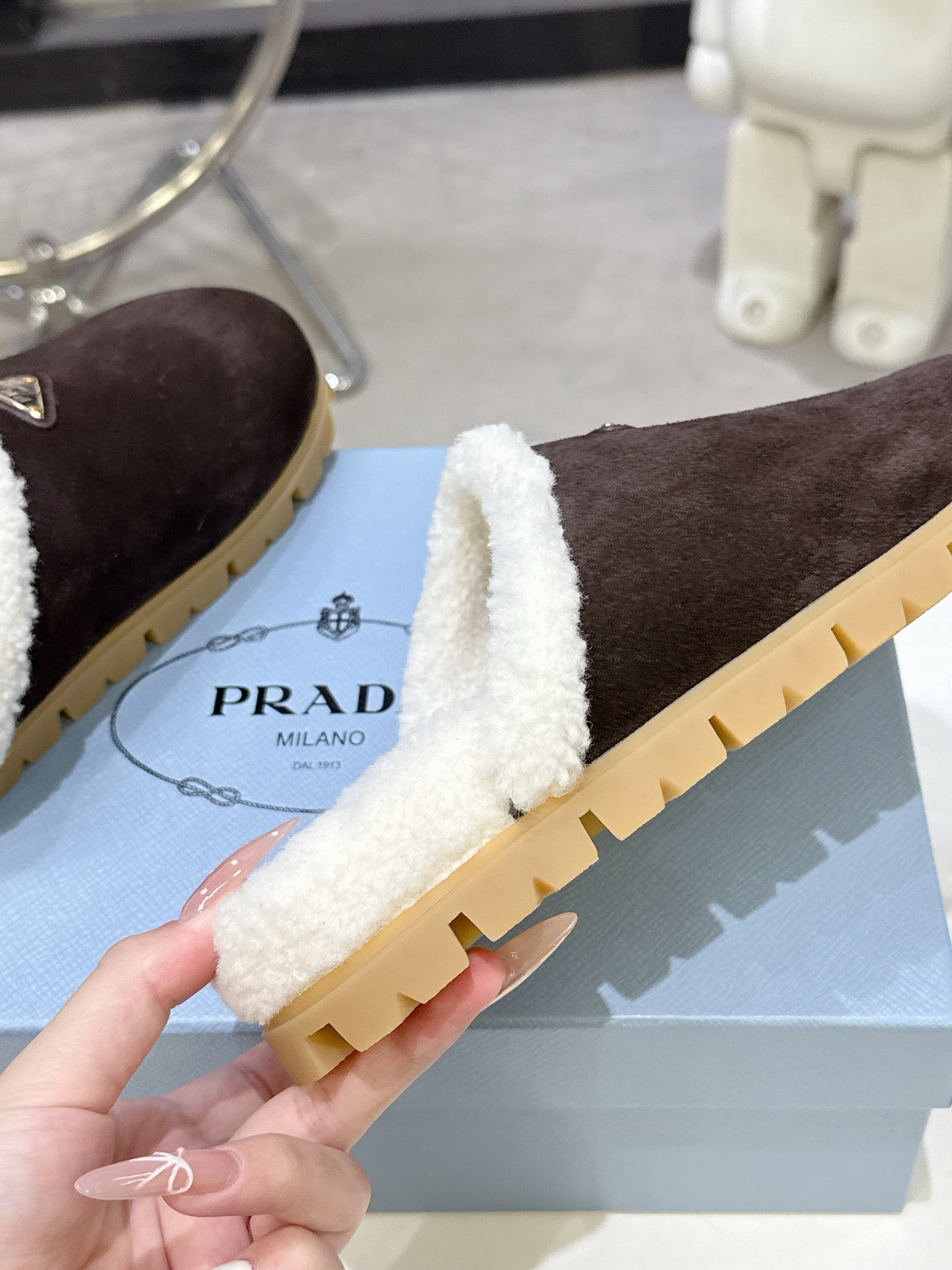 PRADA 25S FUR-LINED MULES IN DARK BROWN SUEDE - 35