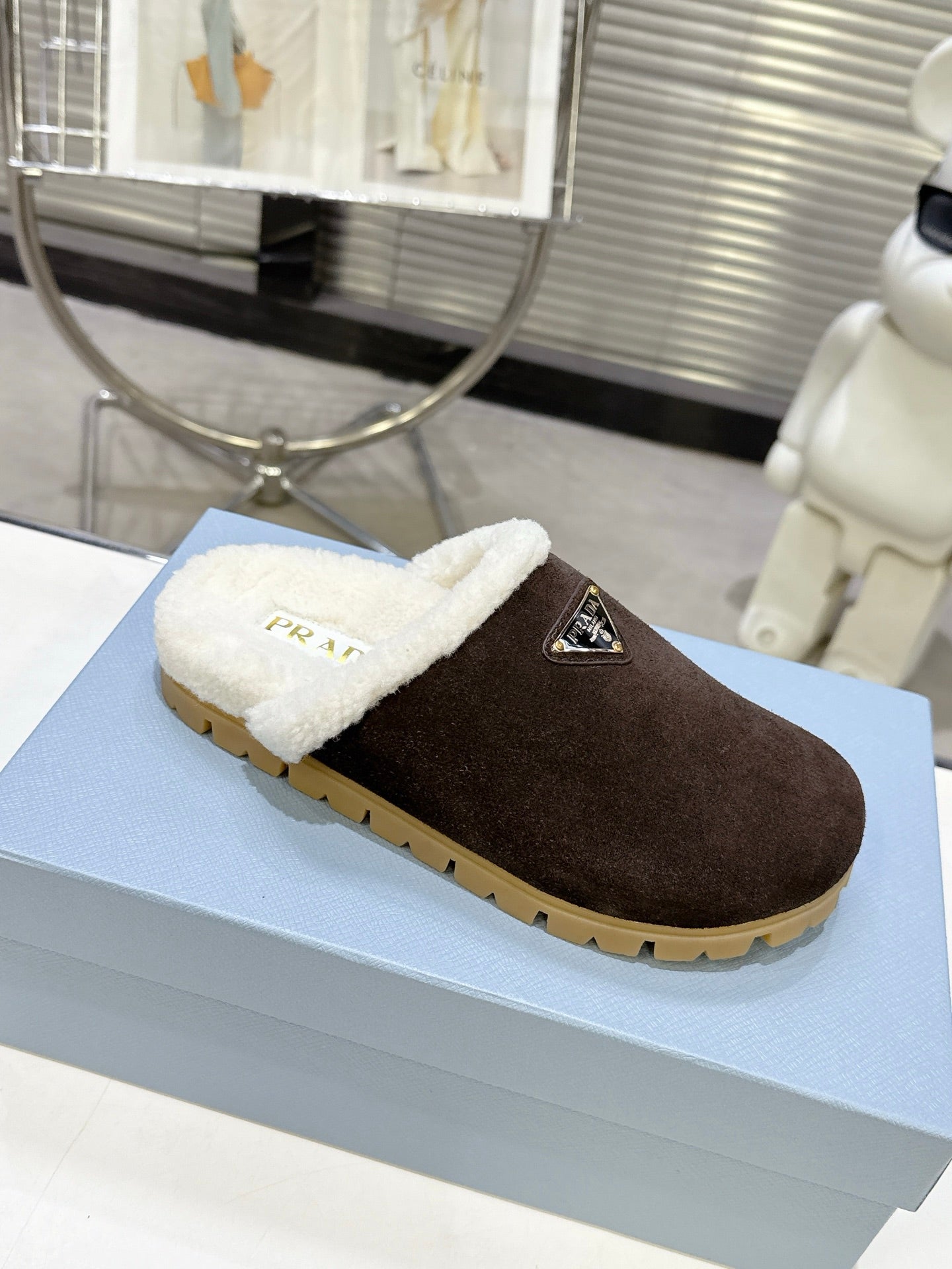 PRADA 25S FUR-LINED MULES IN DARK BROWN SUEDE - 35