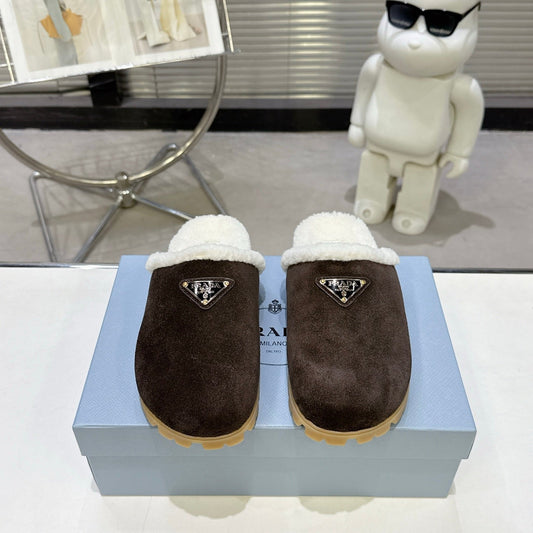 PRADA 25S FUR-LINED MULES IN DARK BROWN SUEDE - 35