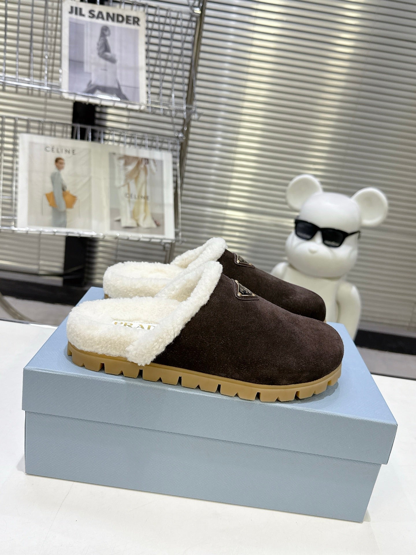 PRADA 25S FUR-LINED MULES IN DARK BROWN SUEDE - 35