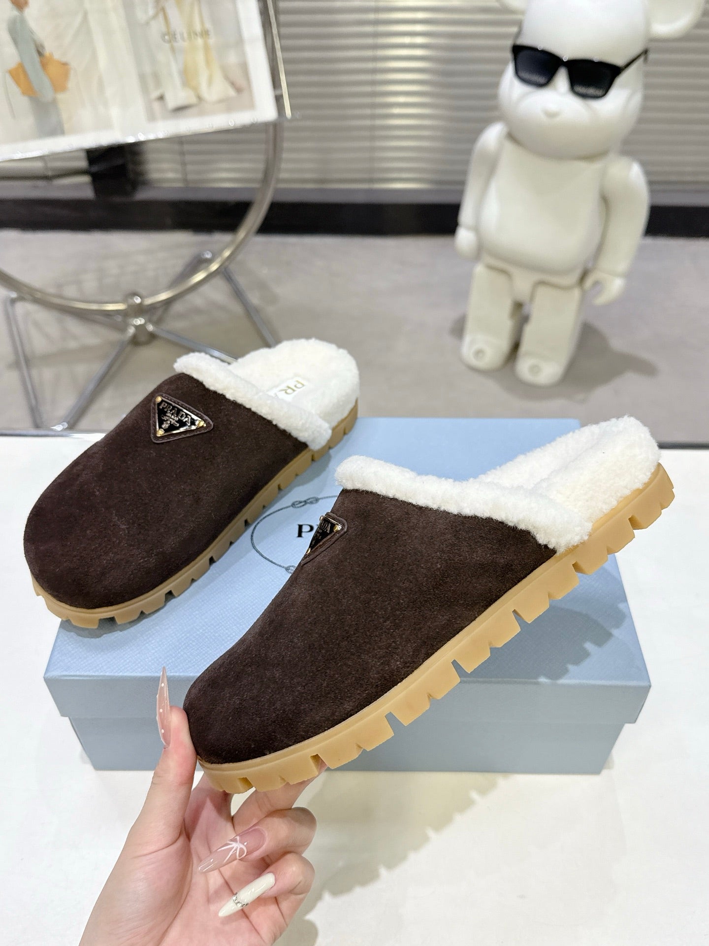 PRADA 25S FUR-LINED MULES IN DARK BROWN SUEDE - 35