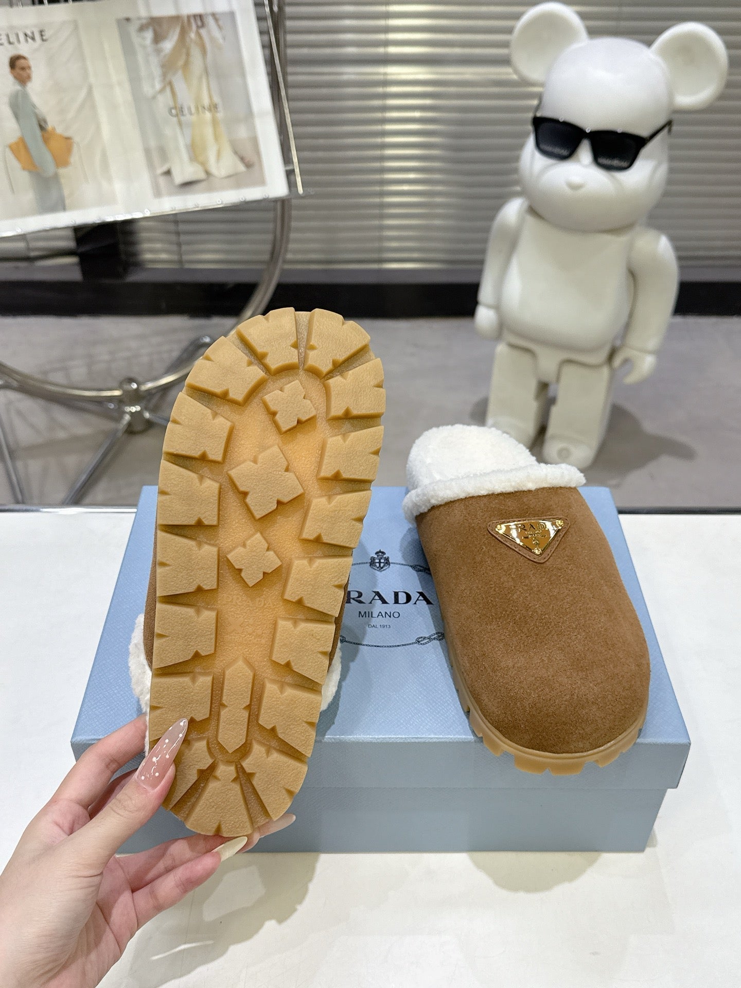 PRADA 25S FUR-LINED MULES IN BROWN SUEDE - 35