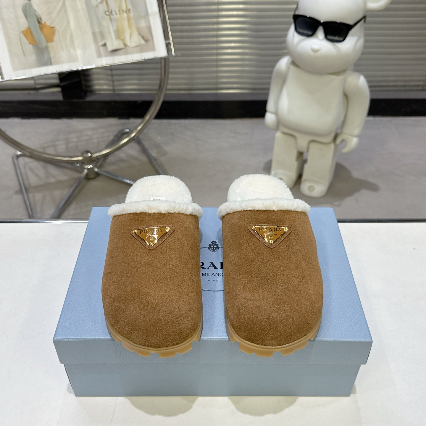 PRADA 25S FUR-LINED MULES IN BROWN SUEDE - 35