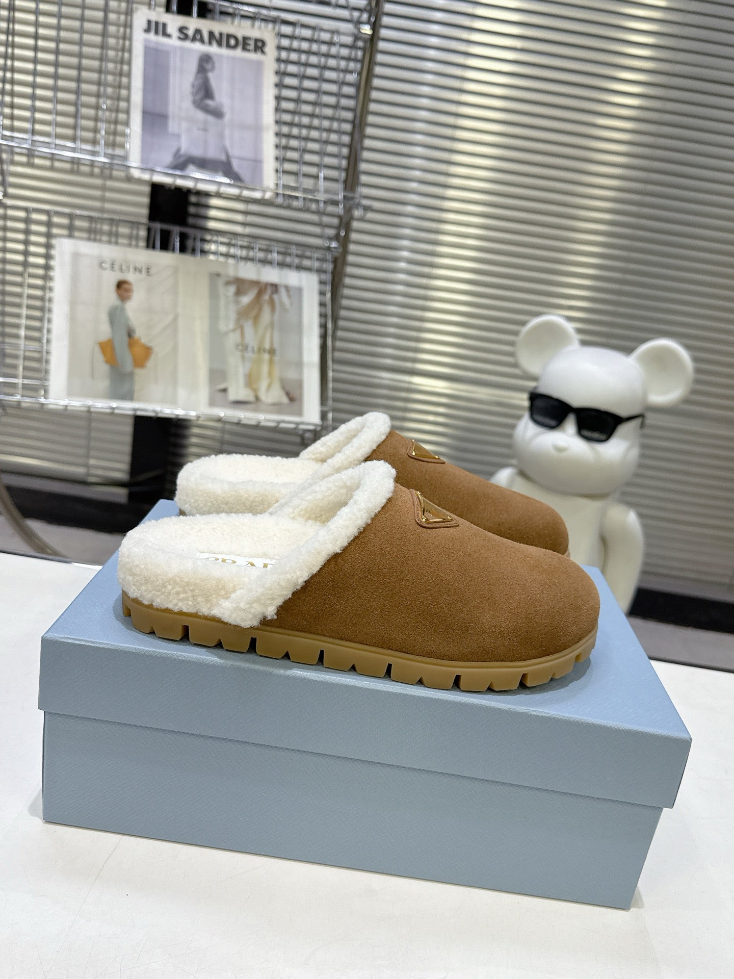 PRADA 25S FUR-LINED MULES IN BROWN SUEDE - 35