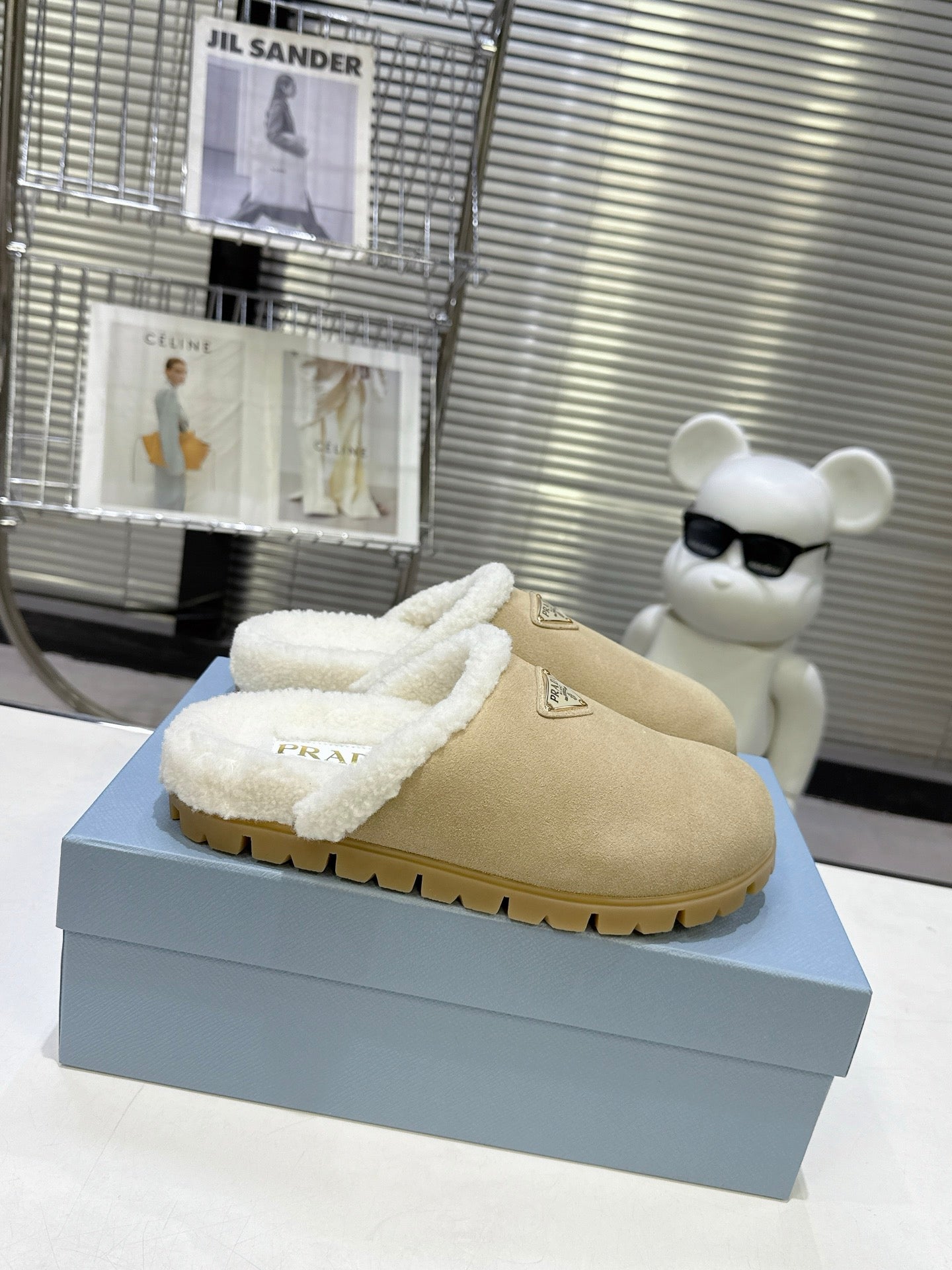 PRADA 25S FUR-LINED MULES IN BEIGE SUEDE - 35