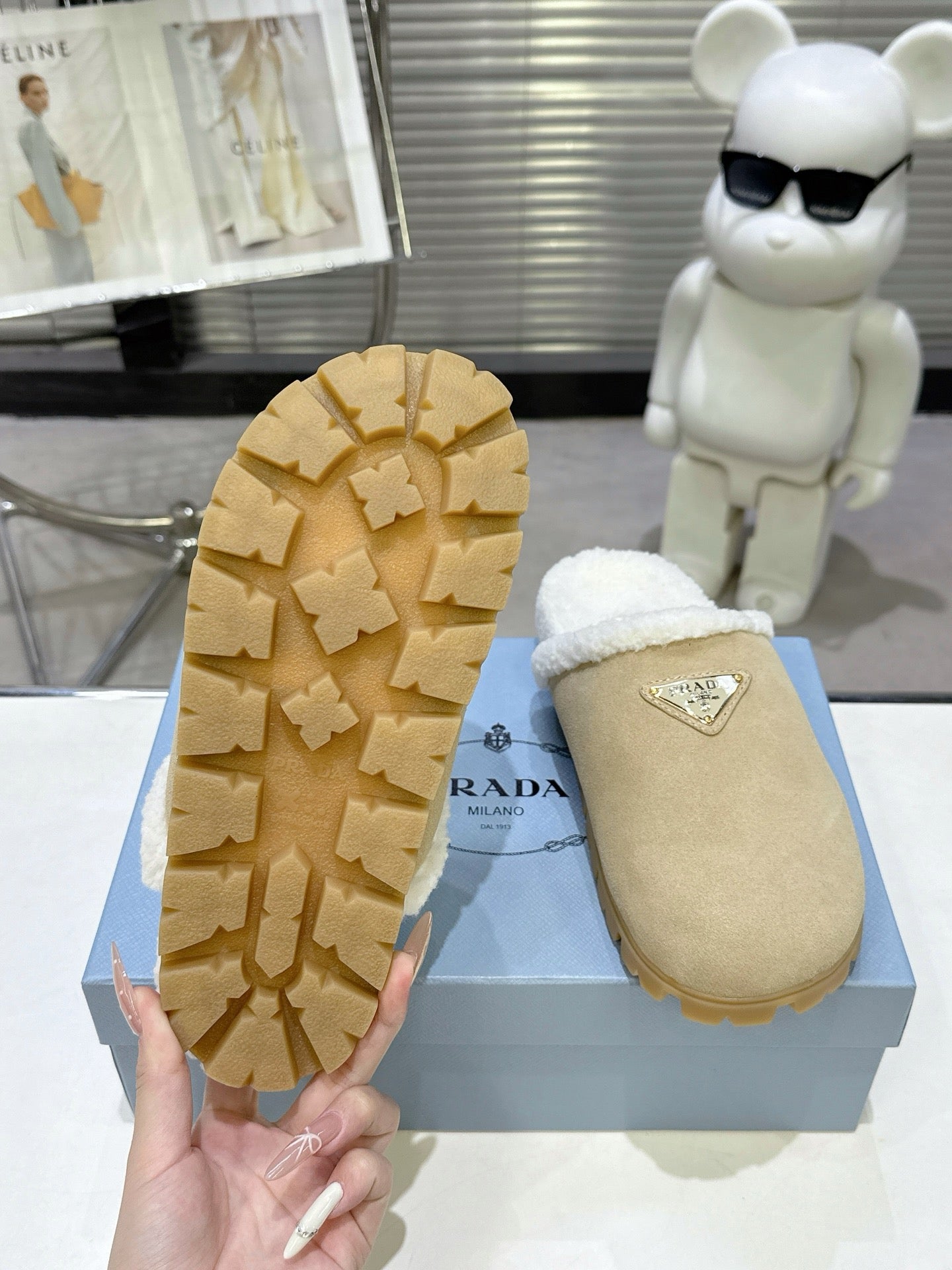 PRADA 25S FUR-LINED MULES IN BEIGE SUEDE - 35